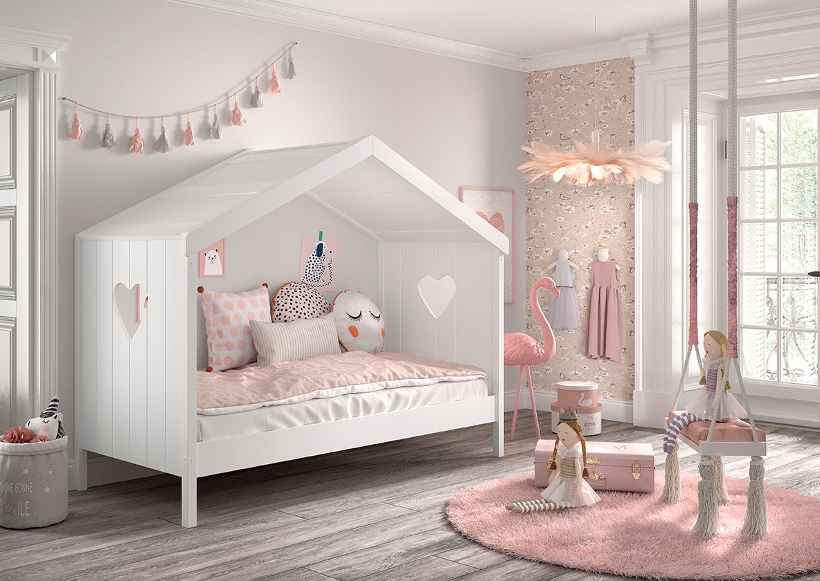 Vipack Hausbett »Amori, inkl. Dach, Rückseitig offen, mit Rolllattenrost«, (B/H/T ca. 213x171,7x98,7cm, verspielte Herz-Ausschnitte seitlich), Liegefläche 90 x 200 cm, ein Highlight im Kinderzimmer, weiß lackiert