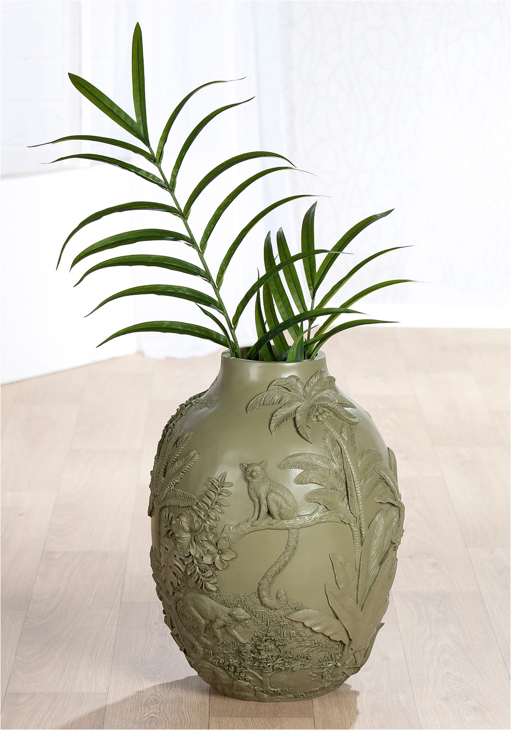 GILDE Bodenvase »Bodenvase bauchig Jungle grün H. 55,5 cm« Bodenvase, Tiermotiv, Pflanzenmotiv, exotisch, Dschungelstil