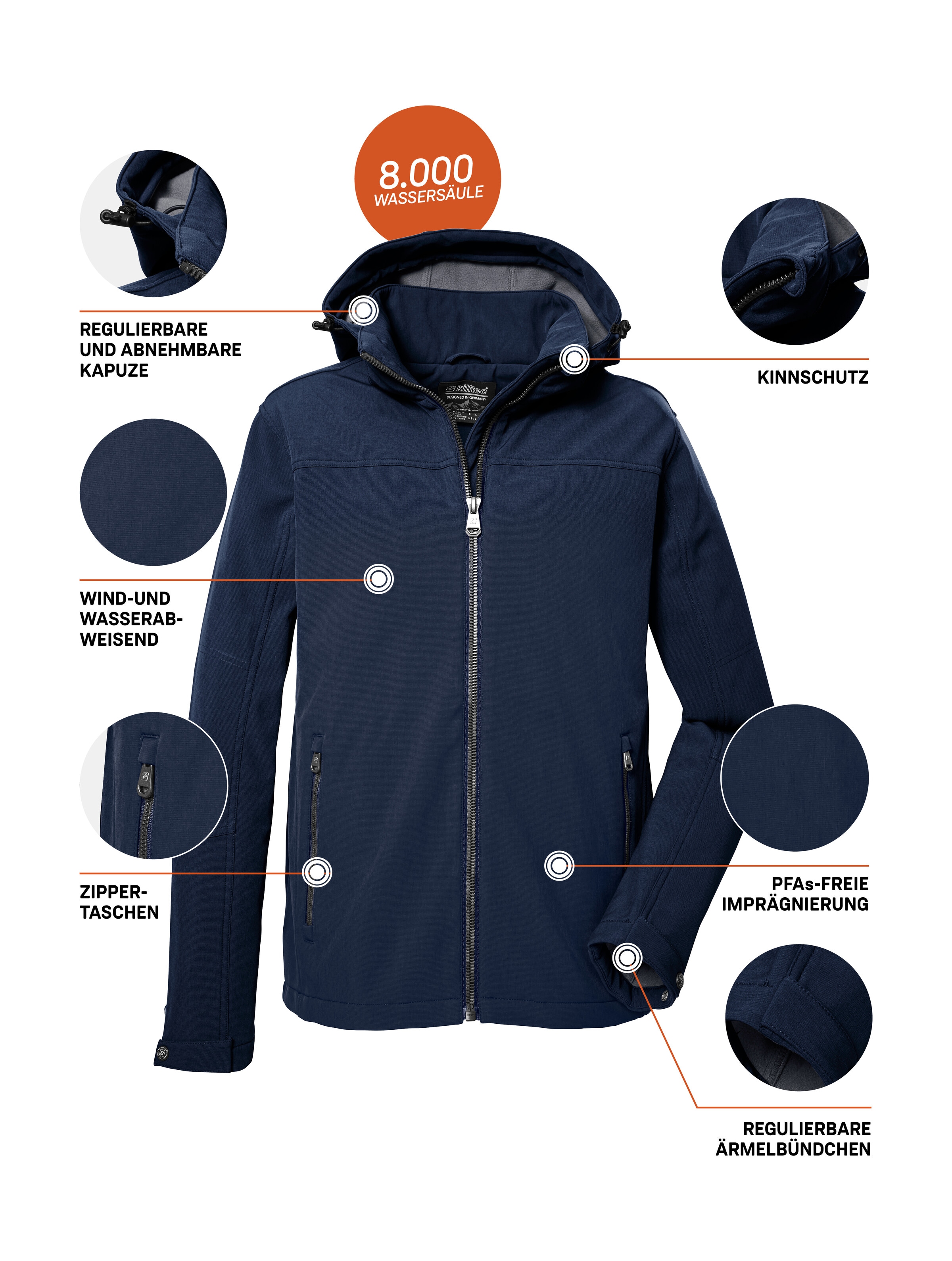 Killtec Softshelljacke »Herren Softshelljacke«, Wasserabweisende Softshelljacke mit Fleece, abnehmbarer Kapuze