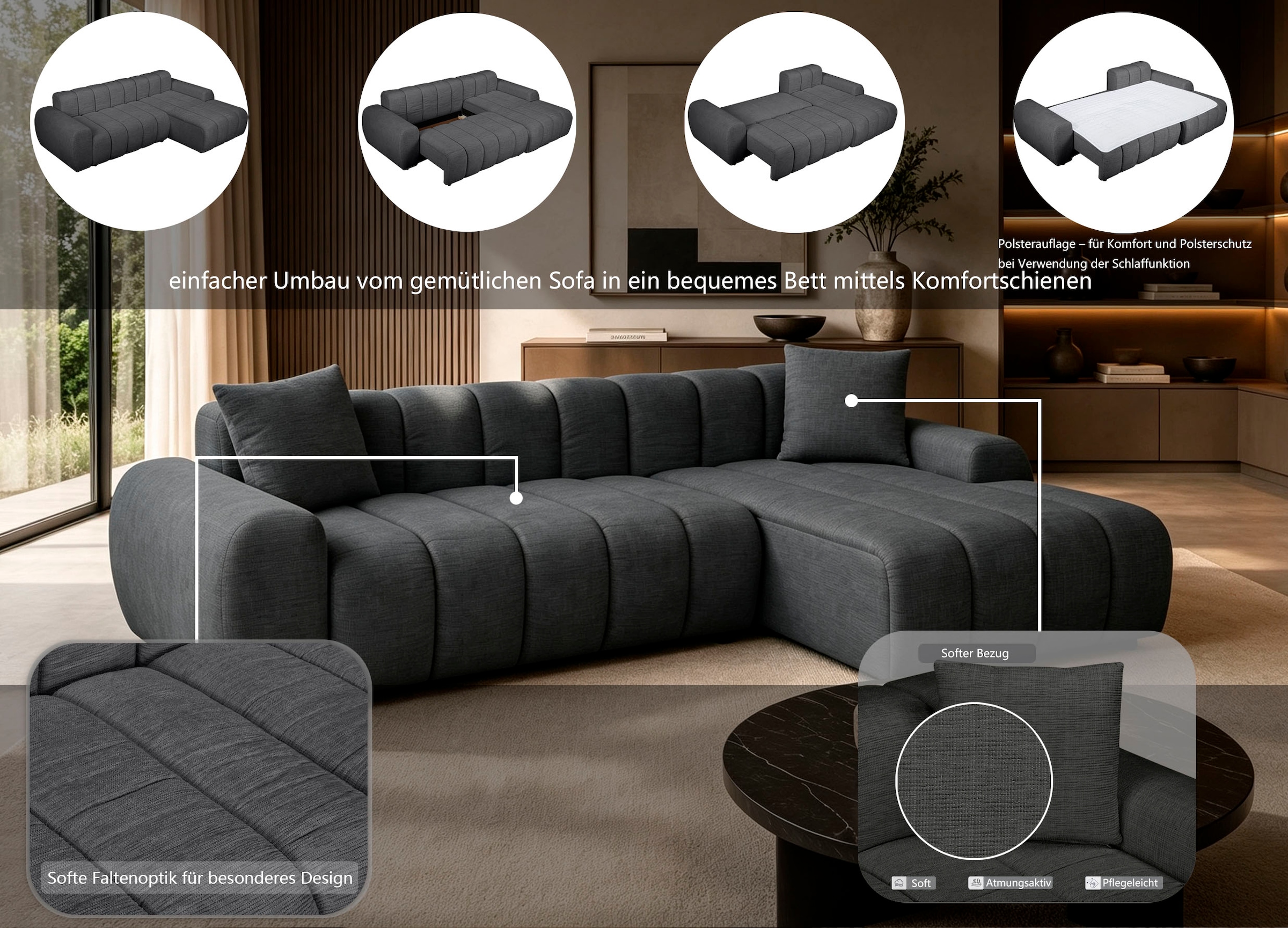 OTTO home Ecksofa »LAURRENT mit Schlaffunktion, Feinstruktur, L-Form, 246 cm« Liegefläche (123/191cm), Bettkasten, Taschenfederkern u. Topper