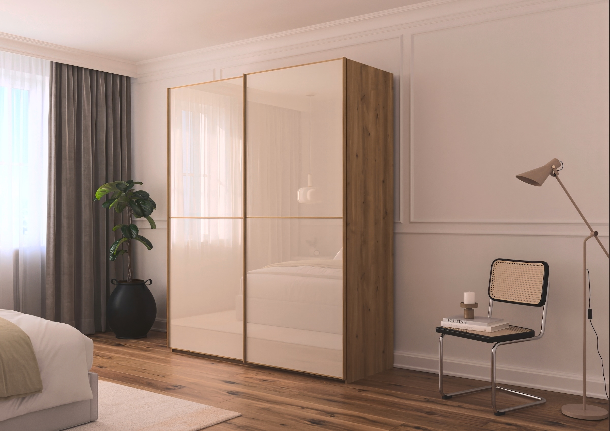 rauch Schwebetürenschrank »Kleiderschrank Schrank Garderobe Schlafzimmerschrank SCALE-DUO« edle zweigeteilte Türen Glas-Front mit 3 Zierleisten MADE IN GERMANY