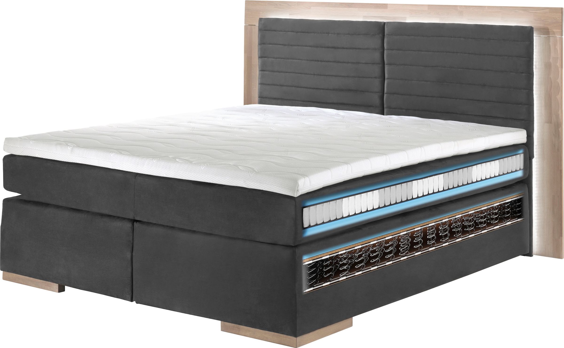 Home affaire, Boxspringbett »Cup« mit LED-Beleuchtung, Massivholzrahmen und Topper, in 2 Härtegraden, olive, Bezug: Luxus-Microfaser (100% Polyester);