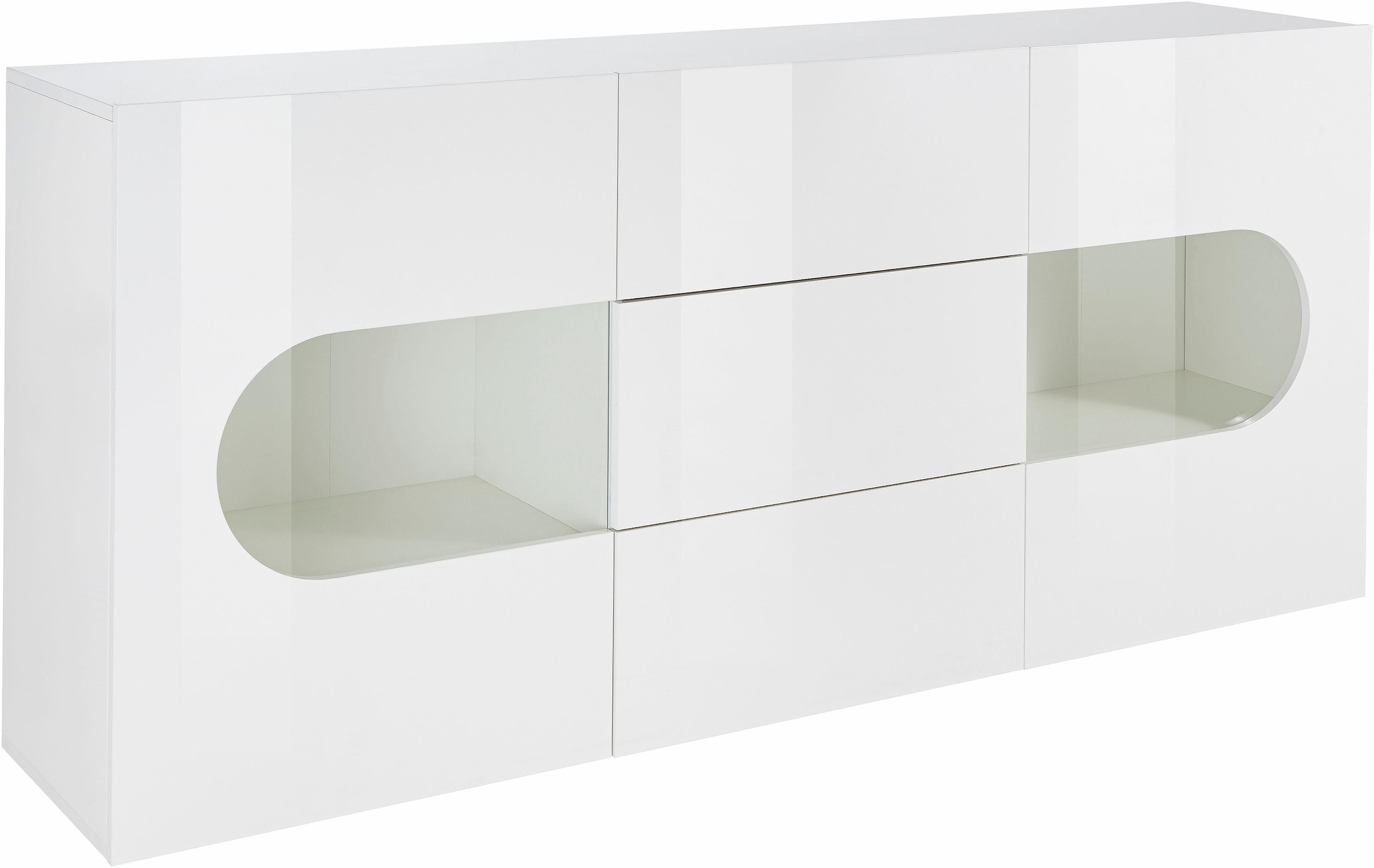 INOSIGN Sideboard »Real,Vitrine,Kommode,Schrank,Breite 180 cm komplett hochglanz lackiert«, mit 2 Glastüren und 3 Schubladen ohne Griff