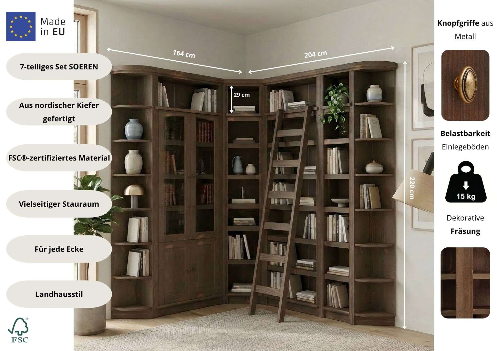 OTTO home Bibliothek »Soeren - 7-tlg. Set: mit 1 Regal B 80 cm., 1 Regal B 40 cm, 1 Eckregal« Set, 7 Stk. tlg. Inkl. 1 Vitrine,2 gerundeten Abschlussregalen und 1 Holzleiter,H220 cm