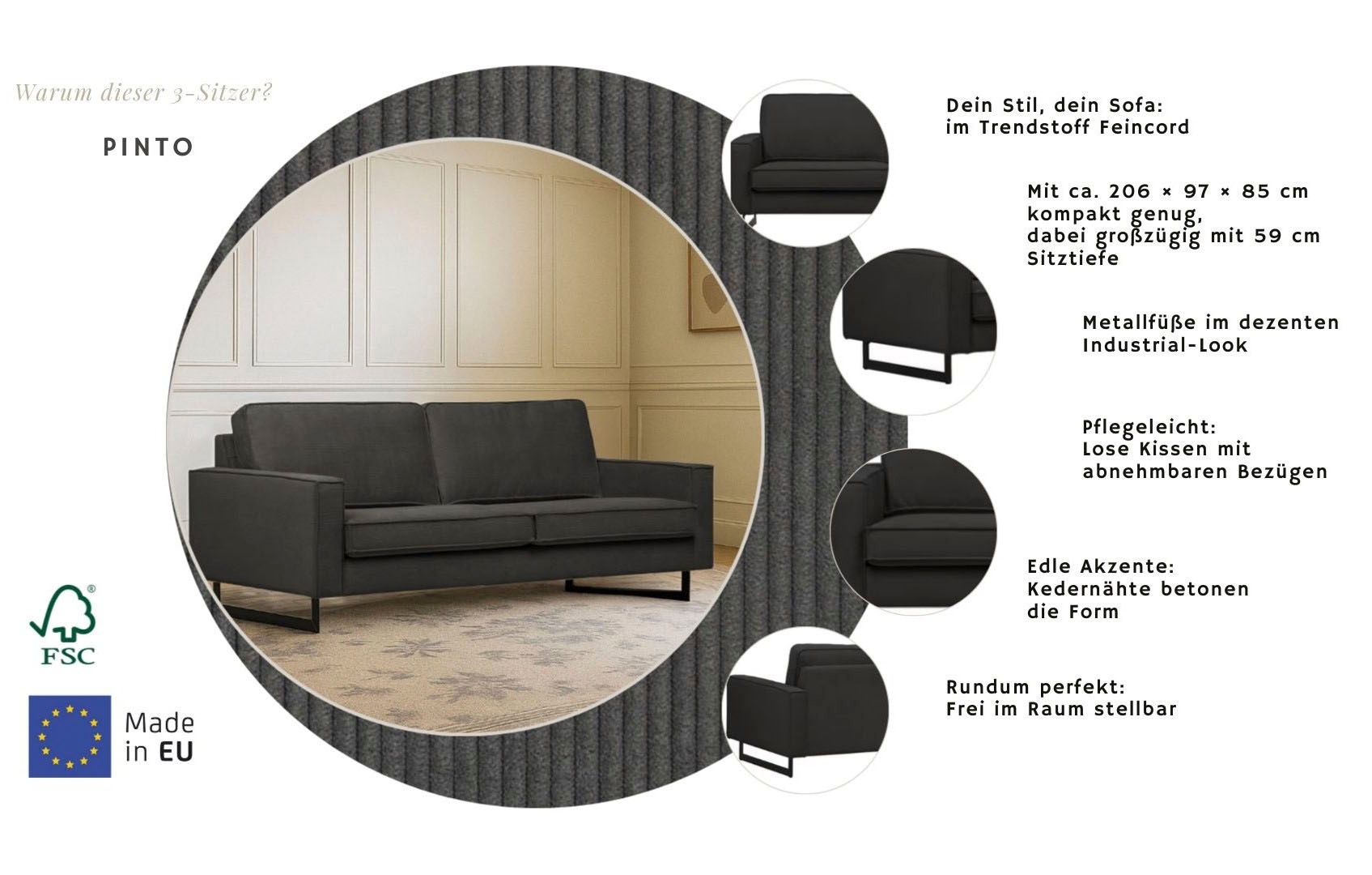 Home affaire 3-Sitzer »Pinto, 206 cm, Cord, Chenille, Lederoptik« mit Keder, schwarze Metallfüße, Wellenunterfederung