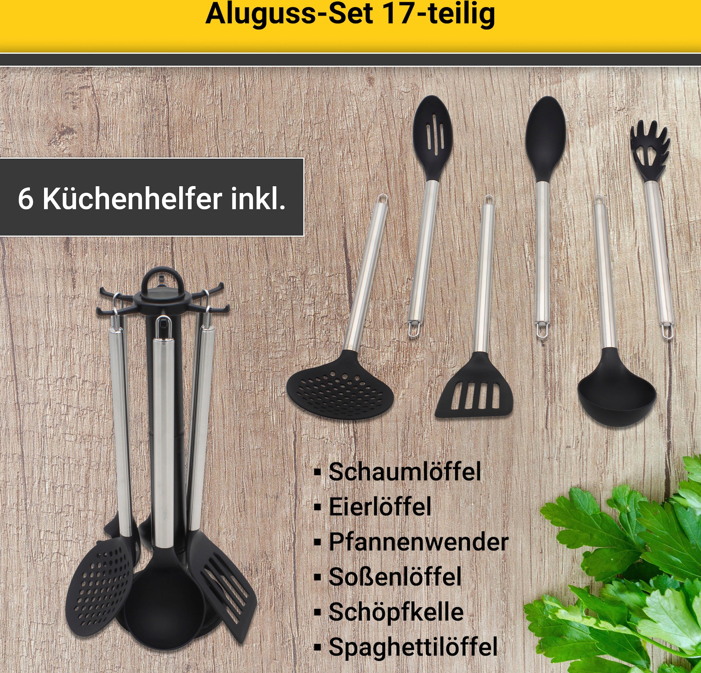 Krüger Topf-Set »Aluguss Topf- und Pfannenset inkl. praktischen Küchenhelfern, 17 tlg.«, Aluminiumguss, (Set, 17 tlg., Fleischtopf 16/18/20/24cm, Stieltopf 16cm Steakpfanne 7 T.Küchenhelfer), inkl. 7-tlg. Küchenhelfer-Set