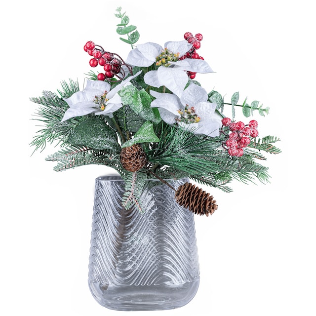 Creativ deco Dekovase »Weihnachtsdeko«, (Set, 2 St., 1 Vase, 1 Bouquet),  mit Poinsettien-Mixbund in geeister Optik auf Rechnung kaufen