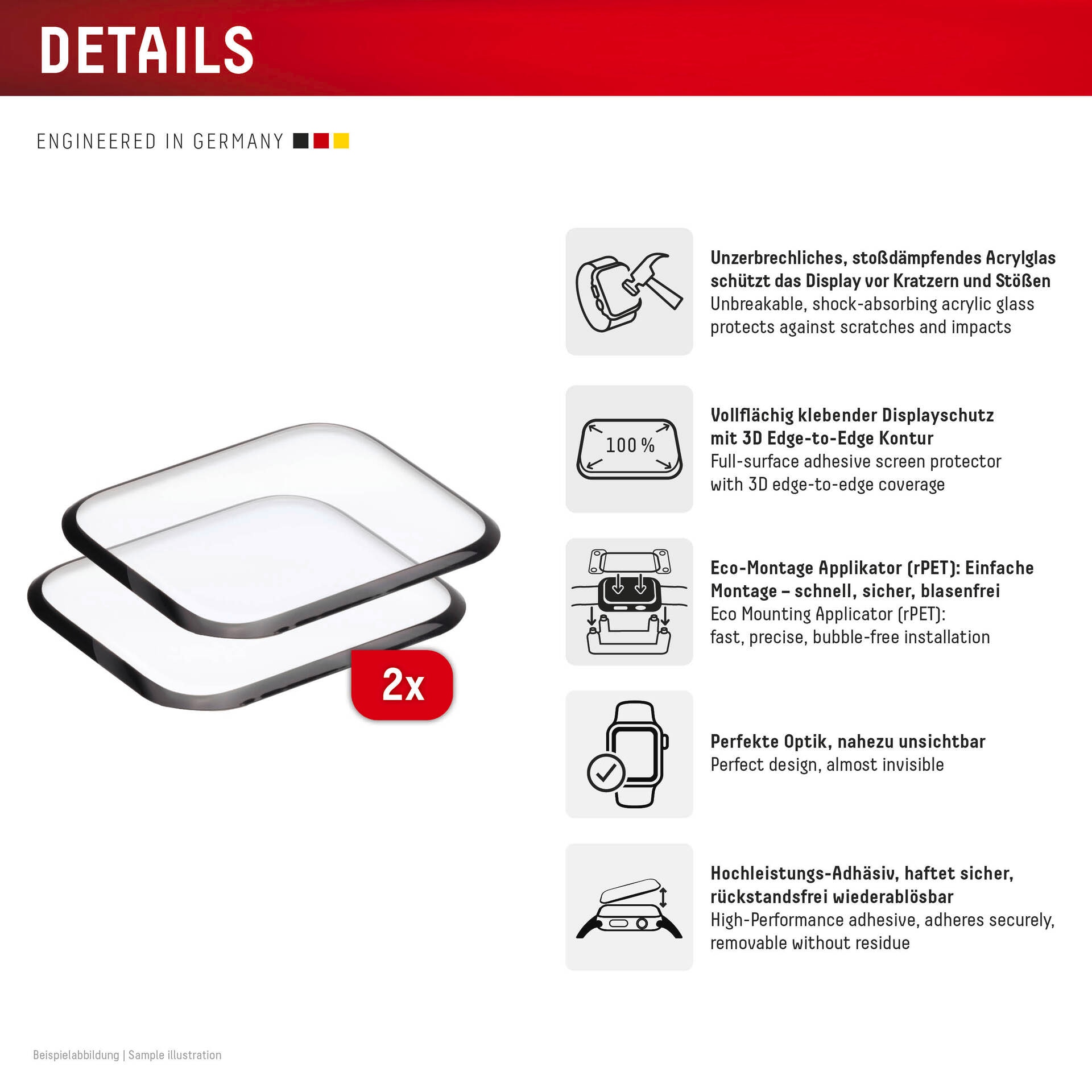 Displex Displayschutzglas »Smartwatch Glass Unbreakable Protector Full Cover«, für Apple Watch Ultra 49 mm-Apple Watch Ultra 2 49 mm, (Packung, 2x Acrylglas Protector), Displayschutzfolie, Schutzfolie, Bildschirmschutz, kratz- & stoßfest