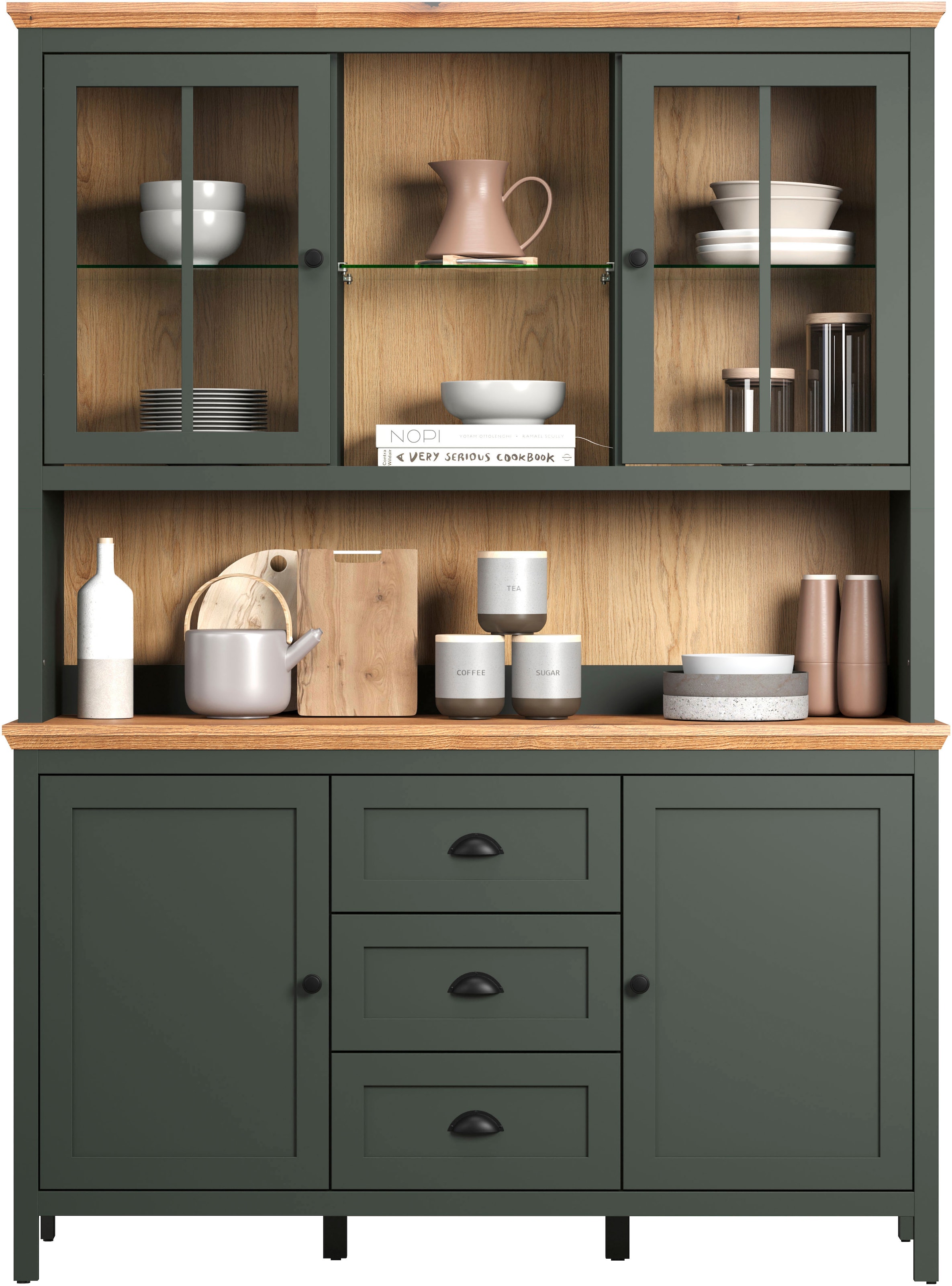 Home affaire Buffet »Vienna« Set, 2 Stk. tlg. Küchenbuffet im Landhausstil, inkl. Beleuchtung - (B/T/H) 146/39/112cm