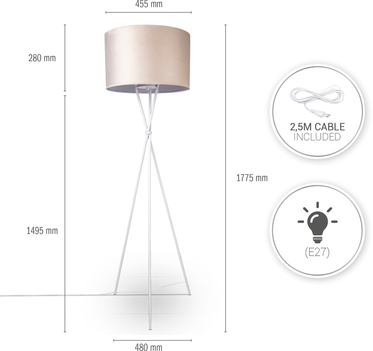 Paco Home Stehlampe »Kate uni Color«, Leuchtmittel E27 | ohne Leuchtmittel, Wohnzimmer Dreibein Standleuchte Velour Höhe 177,5cm Filigran E27
