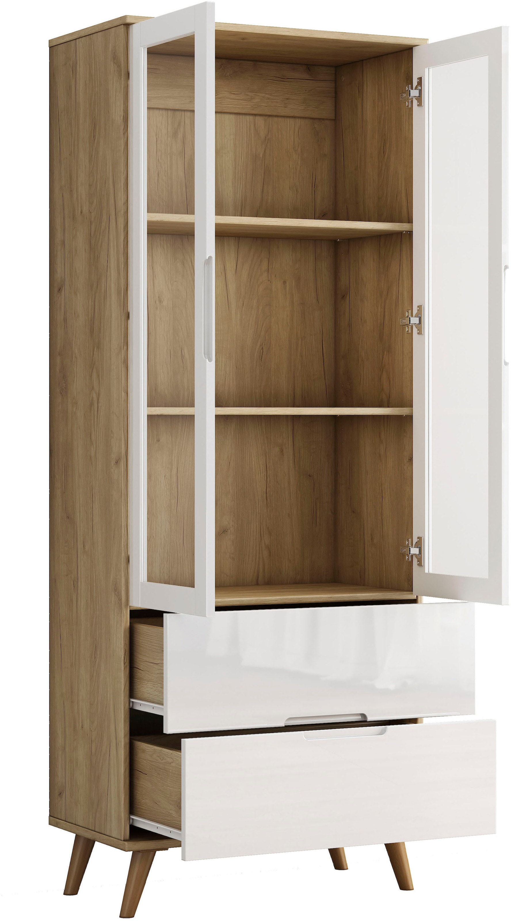 OTTO home Highboard »Lund« mit glänzenden Fronten, Glastüren, helles Holzdekor, Breite 70 cm