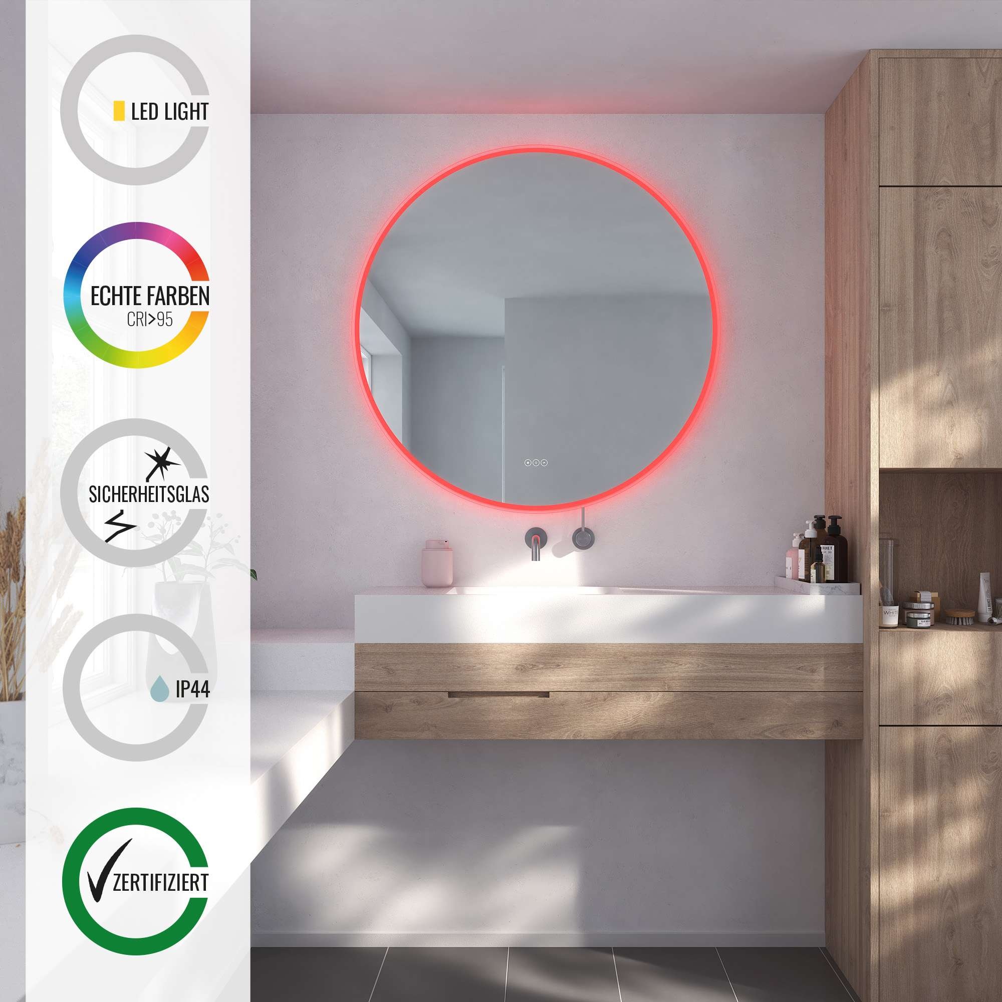 Loevschall Badspiegel »Johannesburg RGB Badezimmerspiegel, rund, Farbwechsel, dimmbar«, mit MultiWhite® und RGB-Licht, Touchpanel für Lichtsteuerung