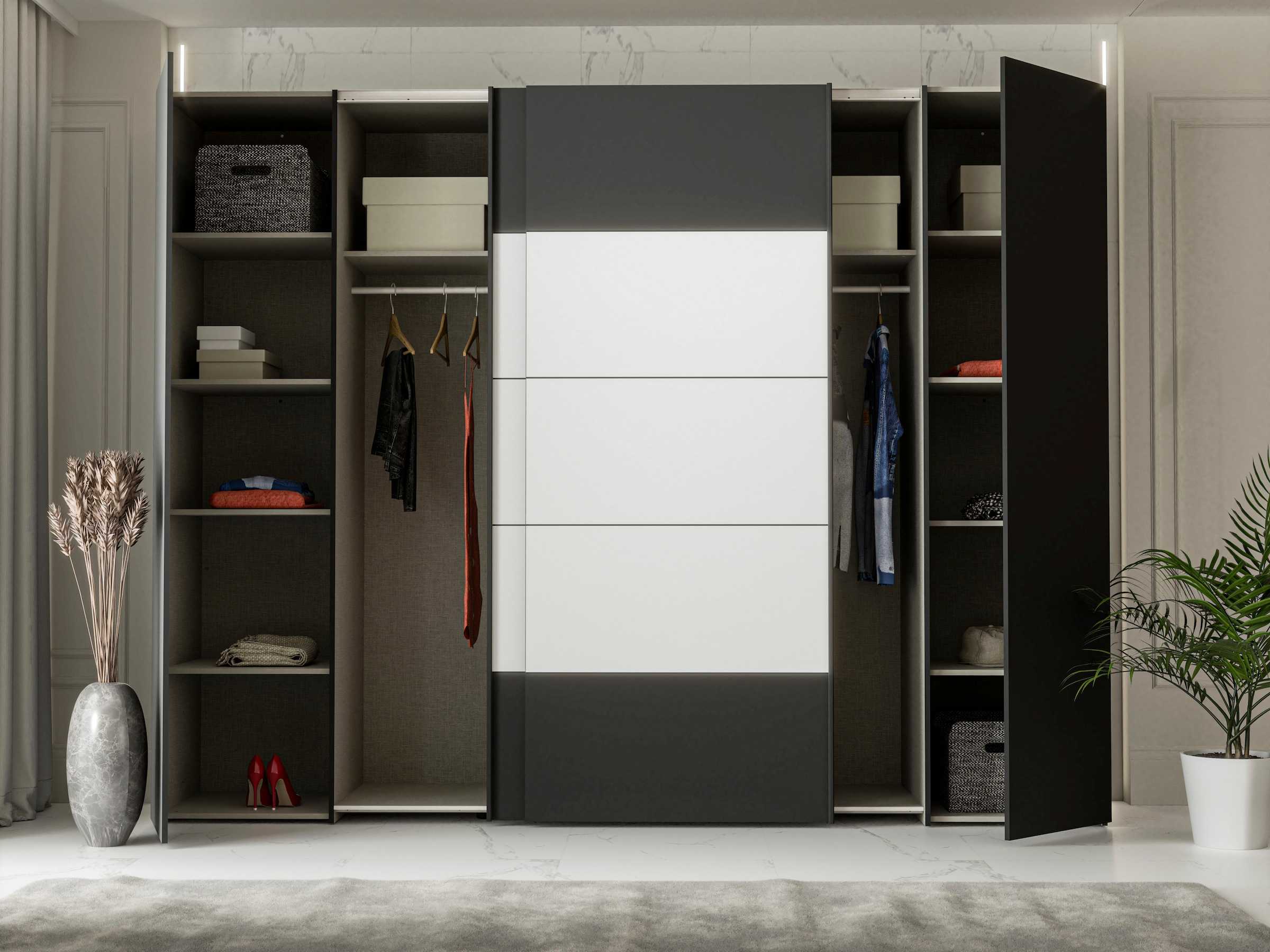 FORTE Dreh-/Schwebetürenschrank »Narago, TOPSELLER, Made in Europe, zeitloses Design«, (B/H/T ca. 270x210X61cm, Farbe Weiß auch mit Spiegeln erhältlich), viele Einlegeböden teilweise variabel einsetzbar, maximaler Stauraum