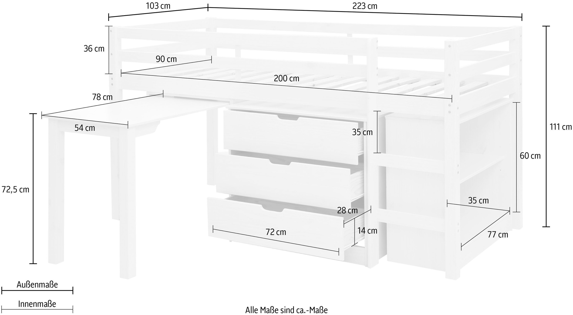 Lüttenhütt Hochbett »Alpi«, Mit Lattenrost, Leiter, Regal, Kommode u. ausziehbarem Schreibtisch