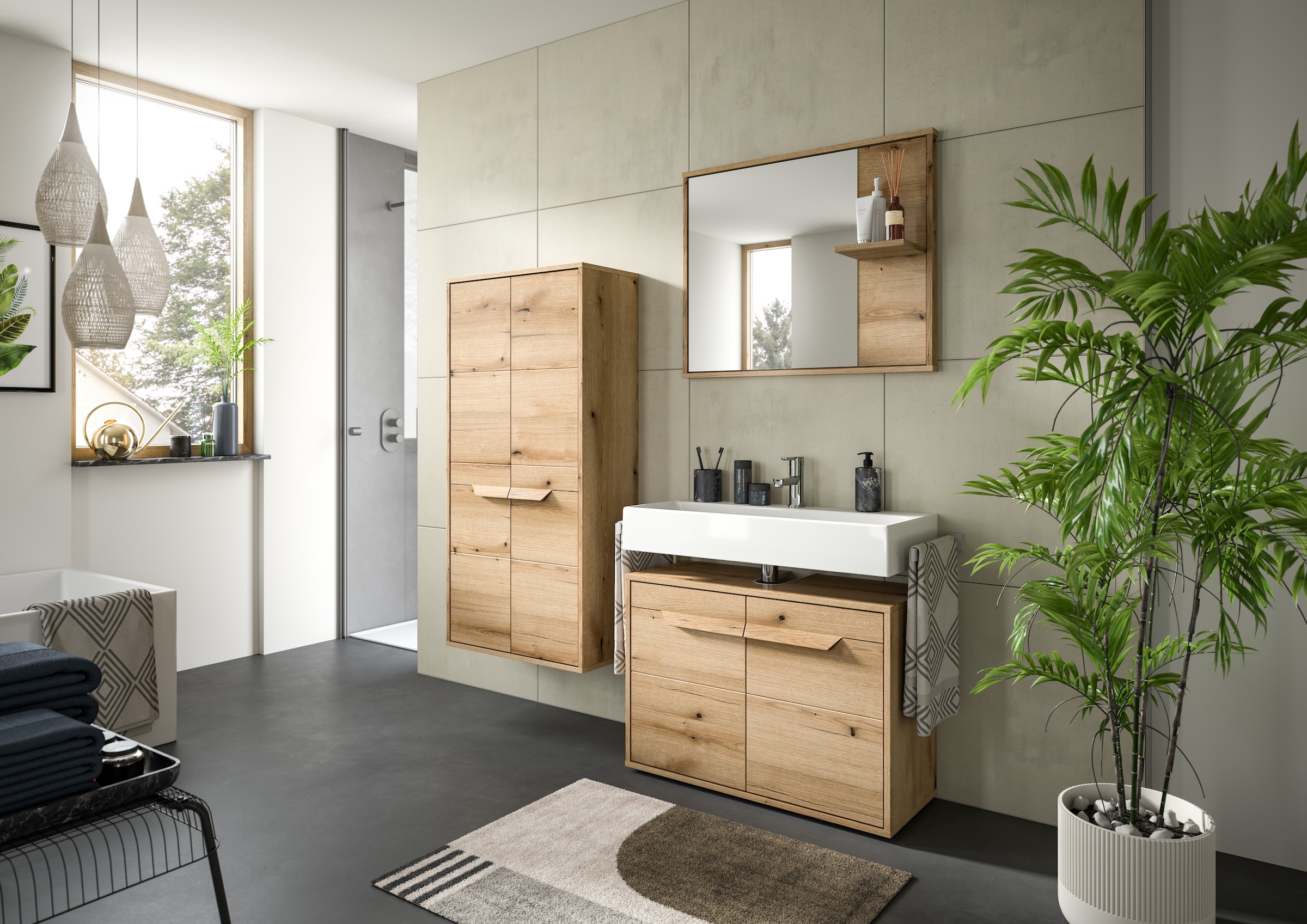 welltime Midischrank »Kayu, Höhe 132cm, stehend/hängend montierbar, 2 Türen, 3 Einlegeböden«, einzigartiges Griffdesign, Badschrank, Bad-Möbel, Badezimmer, Bad