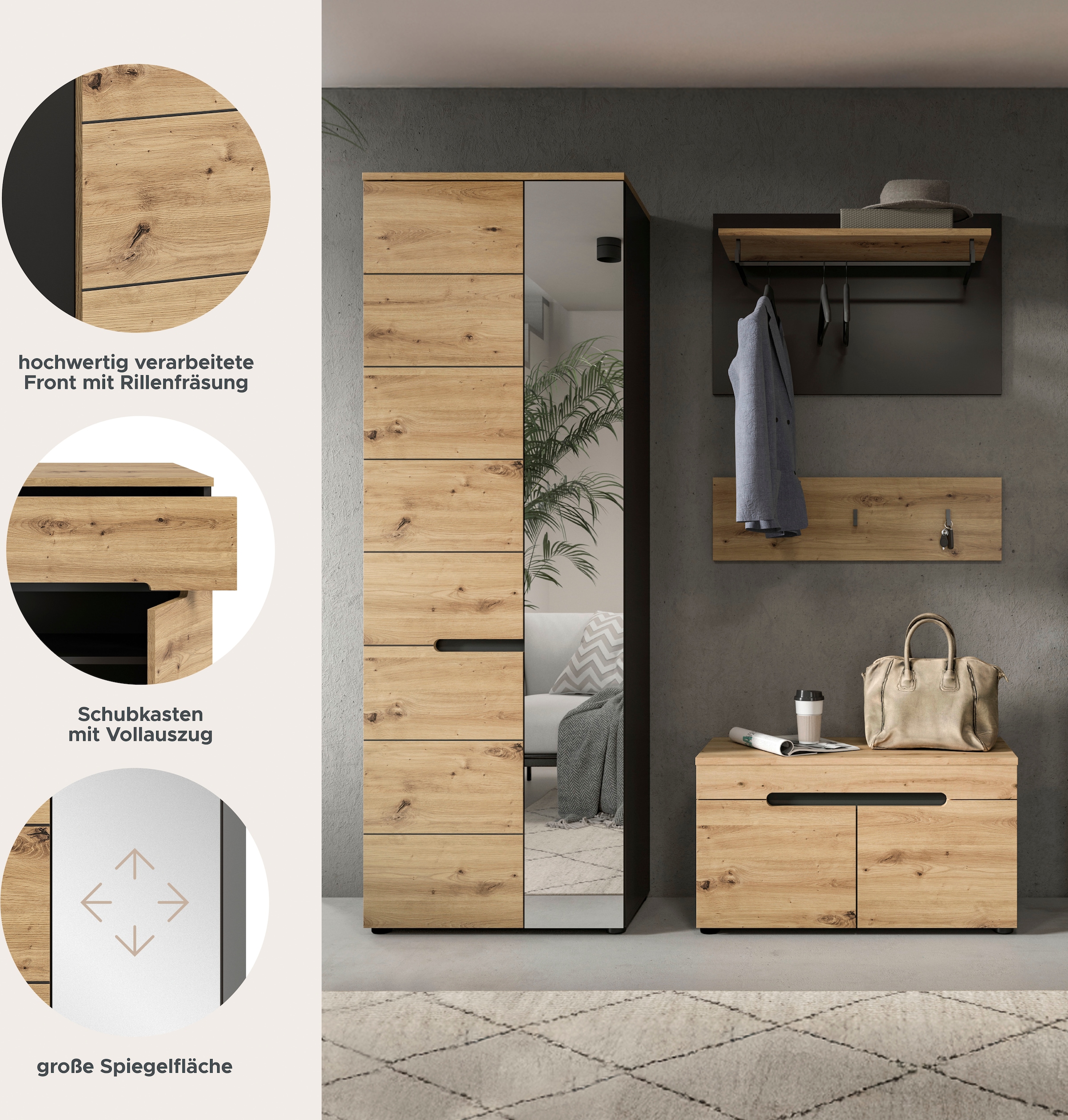 Home affaire Garderoben-Set »REHAT, TOPSELLER!, 4-teilig, Breite 160cm, individuell stellbar« bestehend aus: Garderobenschrank, Sitzbank, Paneel, Hakenleiste, 3 Stk. tlg.