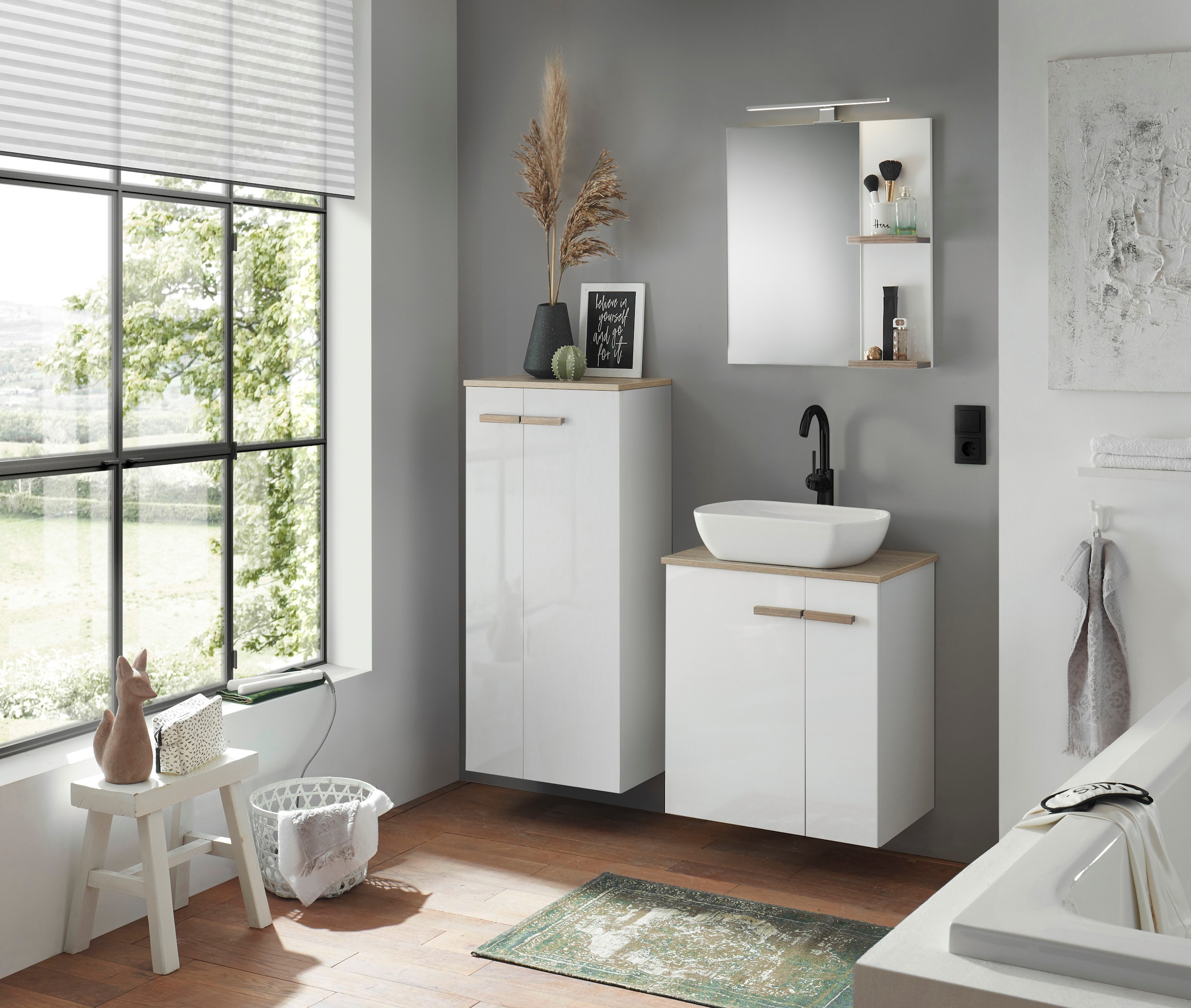 Places of Style Badmöbel-Set »SOLiD, Badmöbel-Set, Bad im modernen Design, 3-teiliges Badezimmer«, (Set, 3 St.), Waschtisch mit Waschbecken, Midischrank, Breite 130 cm