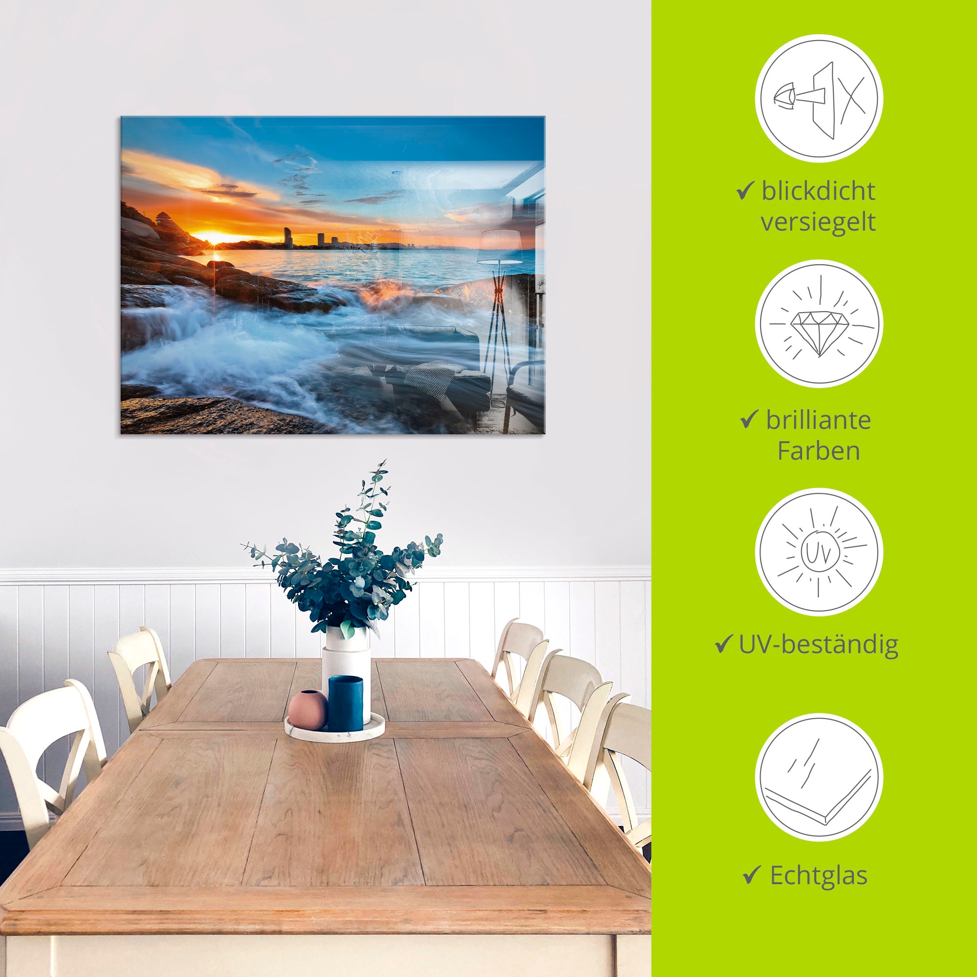 Artland Glasbild »Sonnenuntergangszeit am Hua-Hin Strand« Gewässer 1 Stk. tlg. in verschiedenen Größen