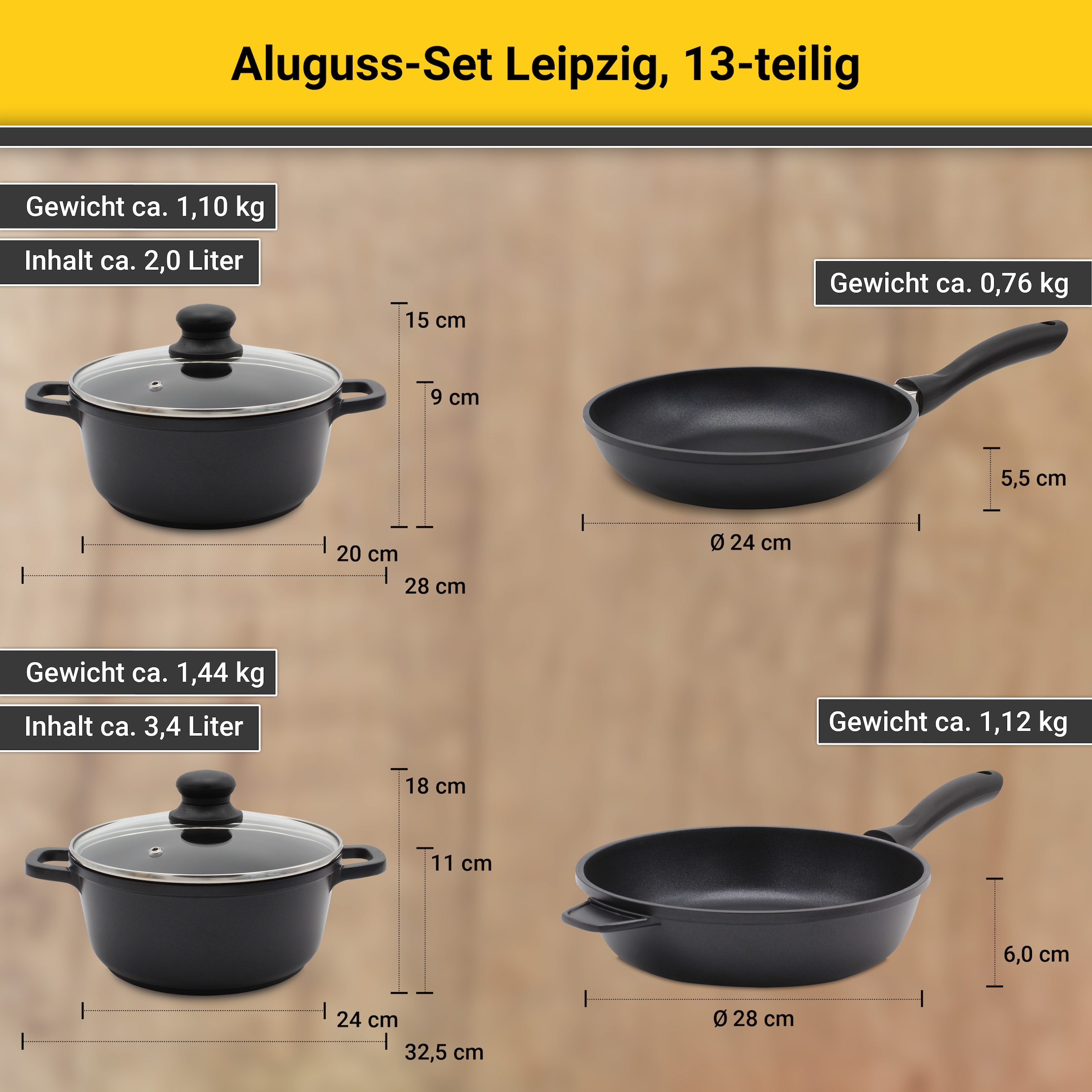 Krüger Pfannen-Set »Aluguss Topf- und Pfannenset LEIPZIG inkl. Küchenhelfern, 13 tlg.« Aluminiumguss Set, je 1x Bratpfanne Ø 24/28 cm, je 1x Kochtopf Ø 20/24 cm, 13 Stk. tlg. inkl. 7-tlg. Küchenhelfer-Set