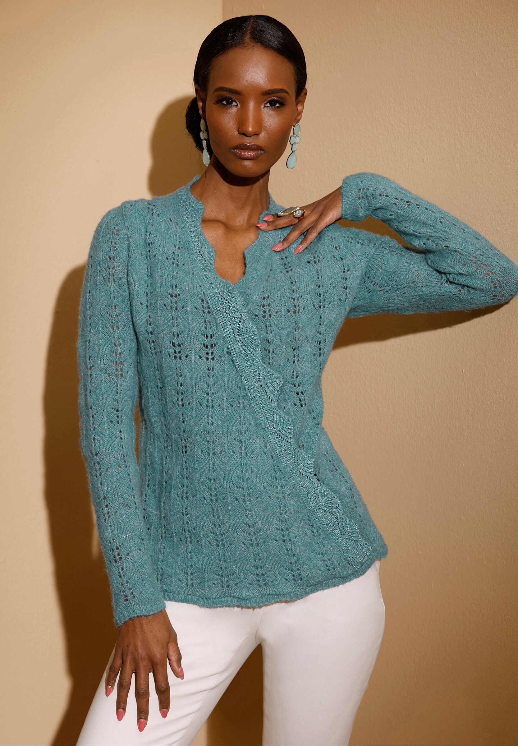 creation L Longpullover »Woll-Mix-Pullover Ajourpullover in Wickel-Optik«