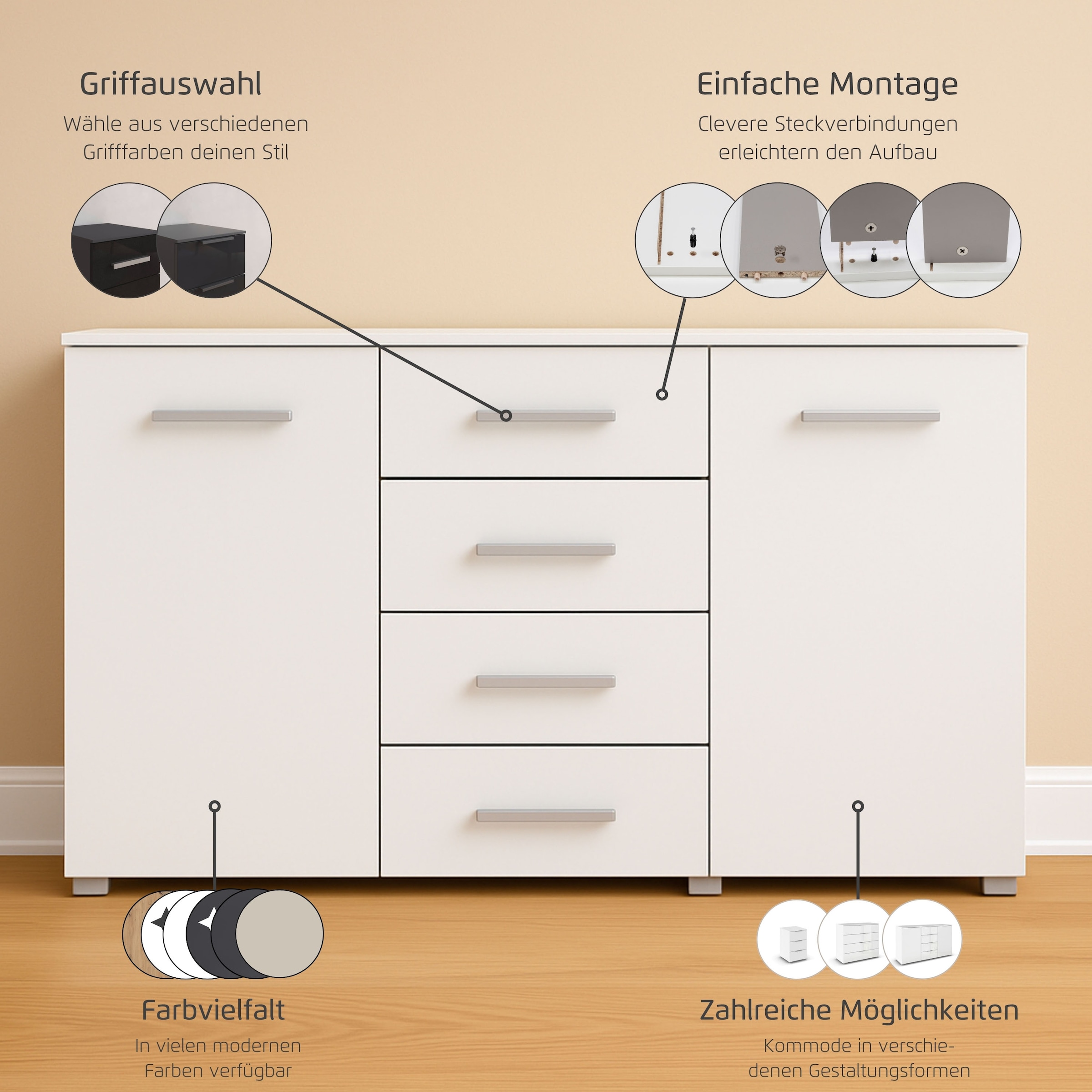 rauch Schubkastenkommode »Sideboard Kommode Kombikommode KOLUNA mit Glasfront«, (Breite 120 cm), vier große Schubladen, mit insgesamt 4 Einlegeböden MADE IN GERMANY