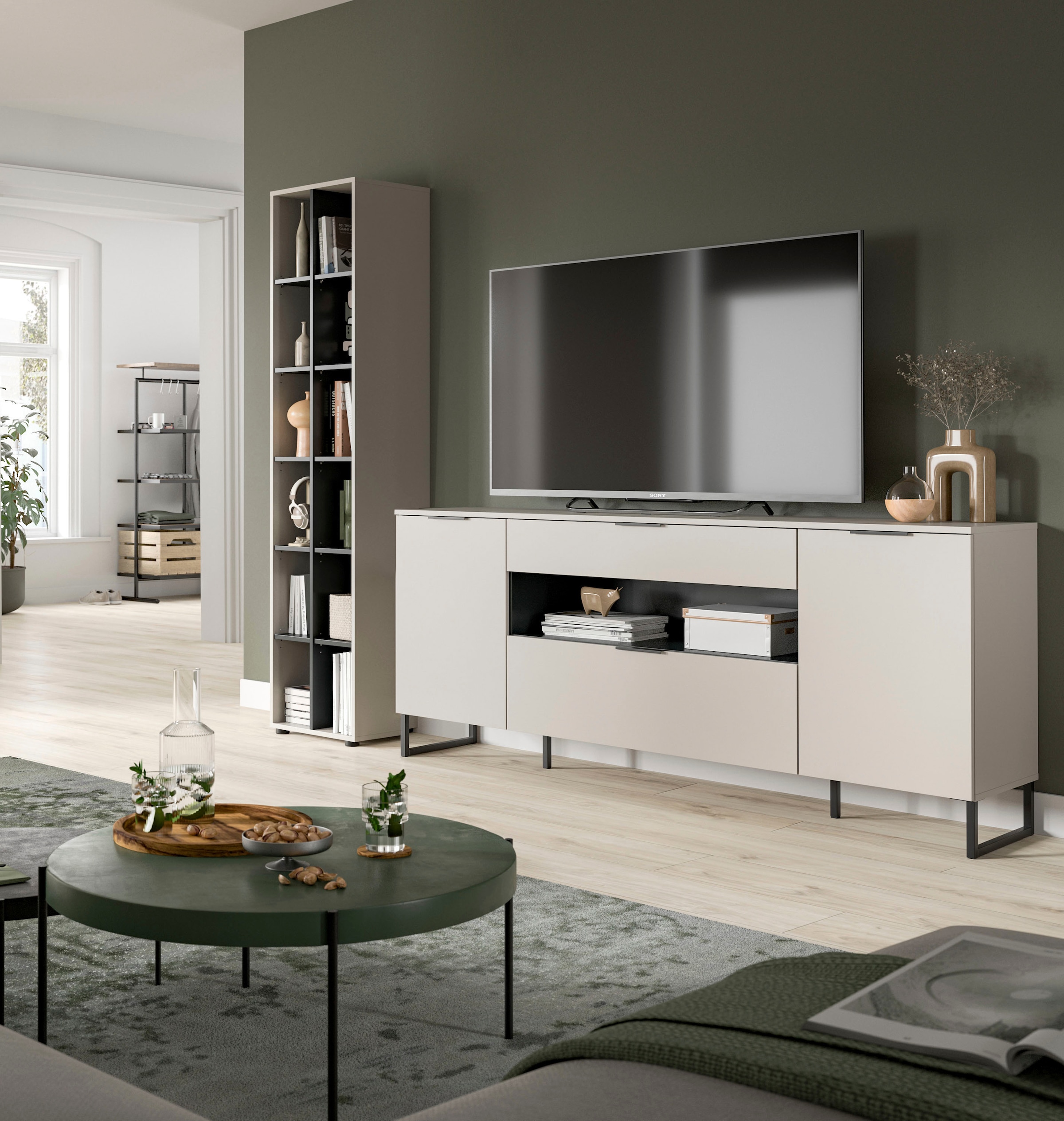 Home affaire Wohnwand »ADIO, Breite 245 cm, 2-teiliges Set, mit Metall-Kufenfüße« Set, bestehend aus: Standregal und Sideboard, 2 Stk. tlg.
