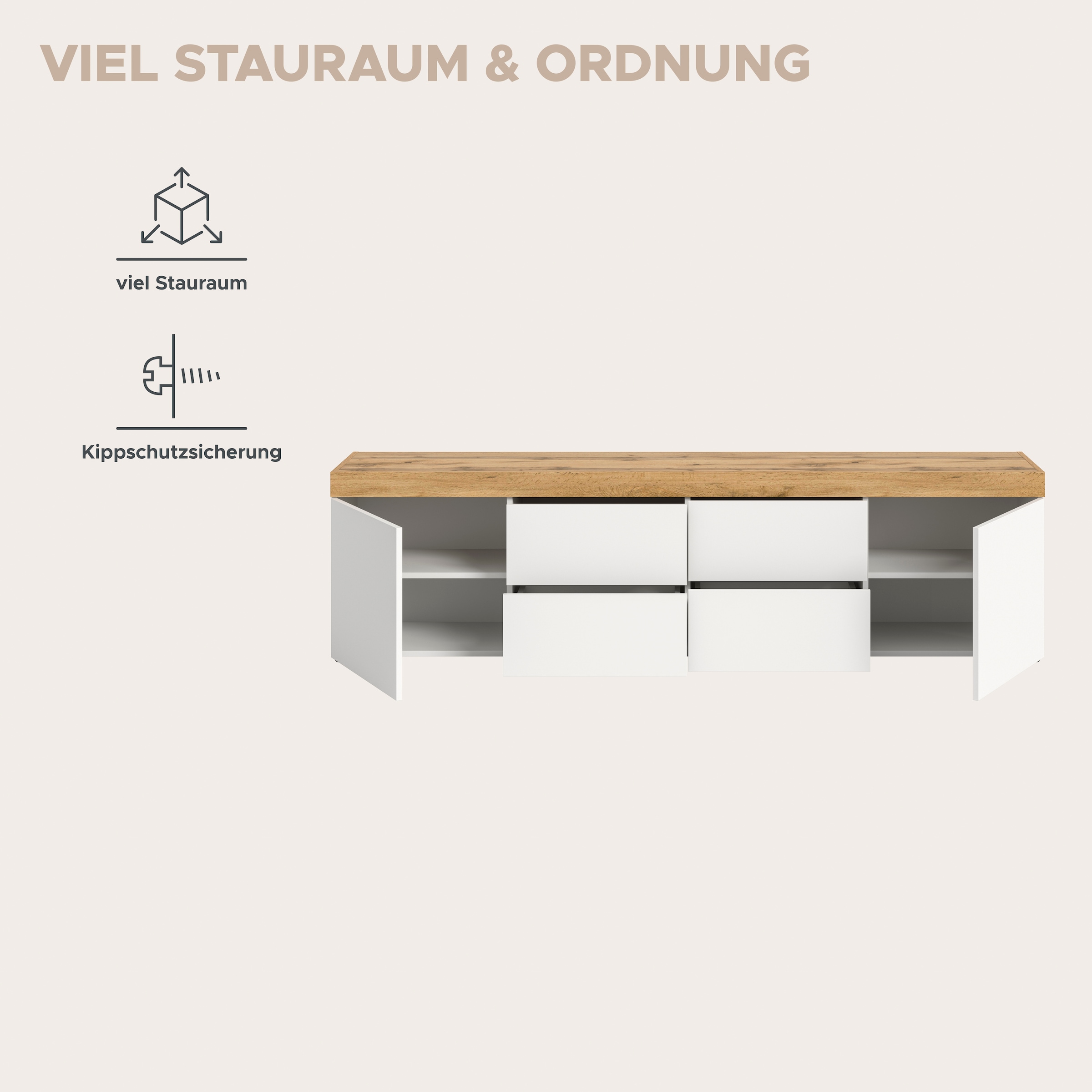 OTTO home Lowboard »MAMBO, TOPSELLER!, Breite 200cm, 2 Türen, 4 Schubkästen, push-2-open« 2 farbige Ausführung, in verschiedenen Farben erhältlich, 1 Stk. tlg. Lowboard, TV Unterschrank, Tv-Schrank, Wohnzimmer