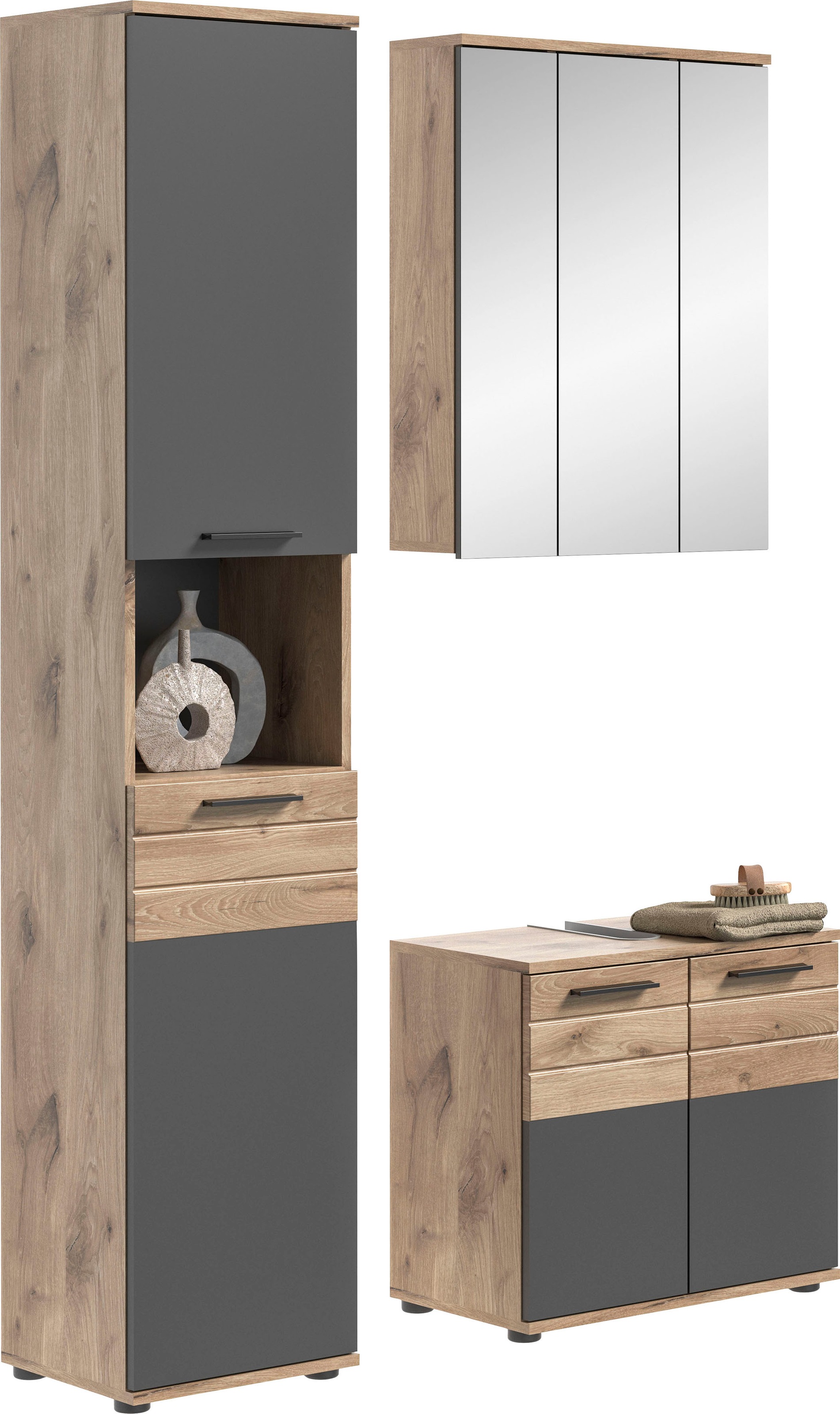 INOSIGN Badmöbel-Set »Riga, 3 teilig, bestehend aus:«, (Set), Hochschrank, Waschbeckenunterschrank, Spiegel