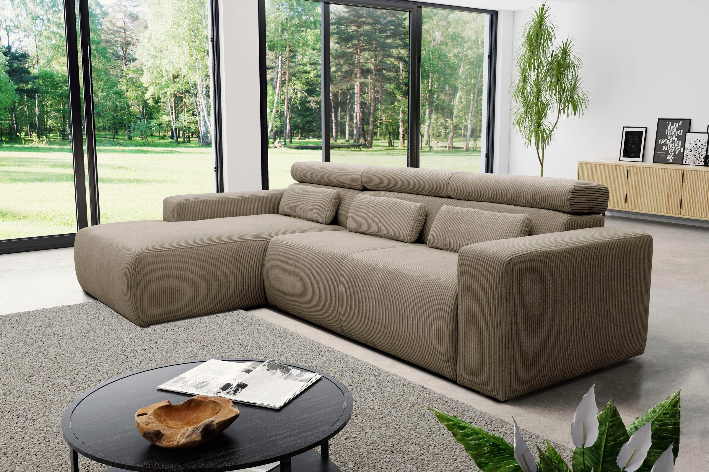 DOMO collection Ecksofa »Brandon B/T/H: 289/177/80 cm, whlw. mit Sitztiefenverstellung, L-Form«, mit Sitztiefenverstellung, Cord, schlamm