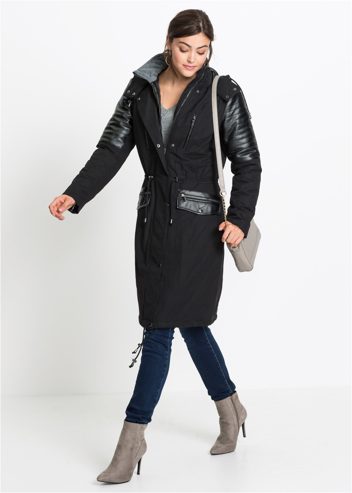 bonprix Langjacke mit Kapuze lockerer loose fit, mit großer abnehmbarer Kapuze, hoher Stehkragen