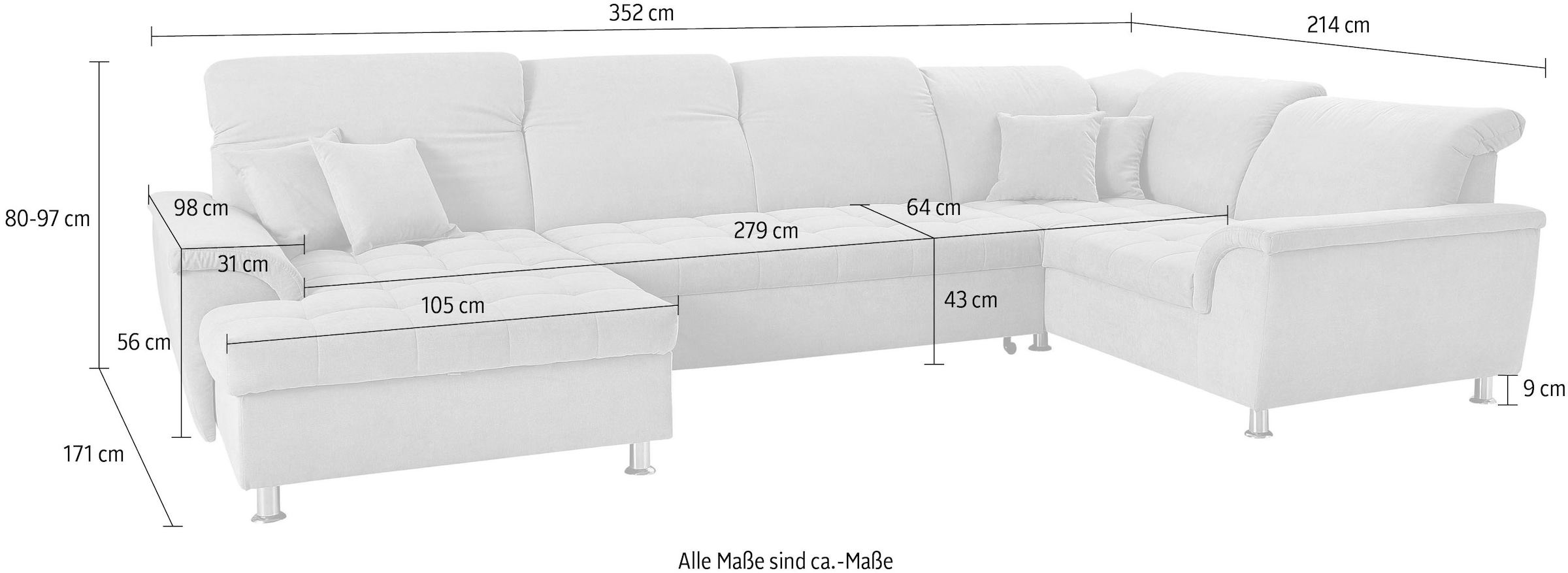 DOMO collection Wohnlandschaft »Franzi XXL-Format B/T: 352/214 cm, belastbar bis 140kg/ Sitz, U-Form«, Flachgewebe, grau