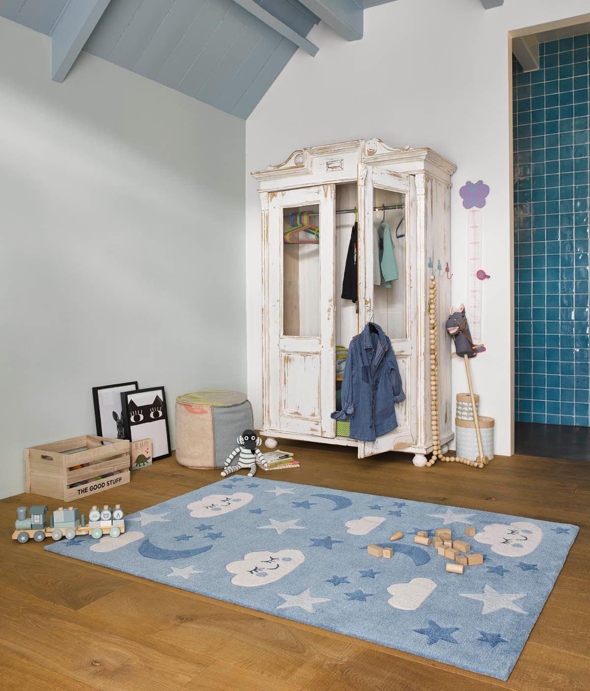 SMART KIDS Kinderteppich »LaLeLu« rechteckig 9 mm Höhe Mond Sterne Wolken, Konturenschnitt