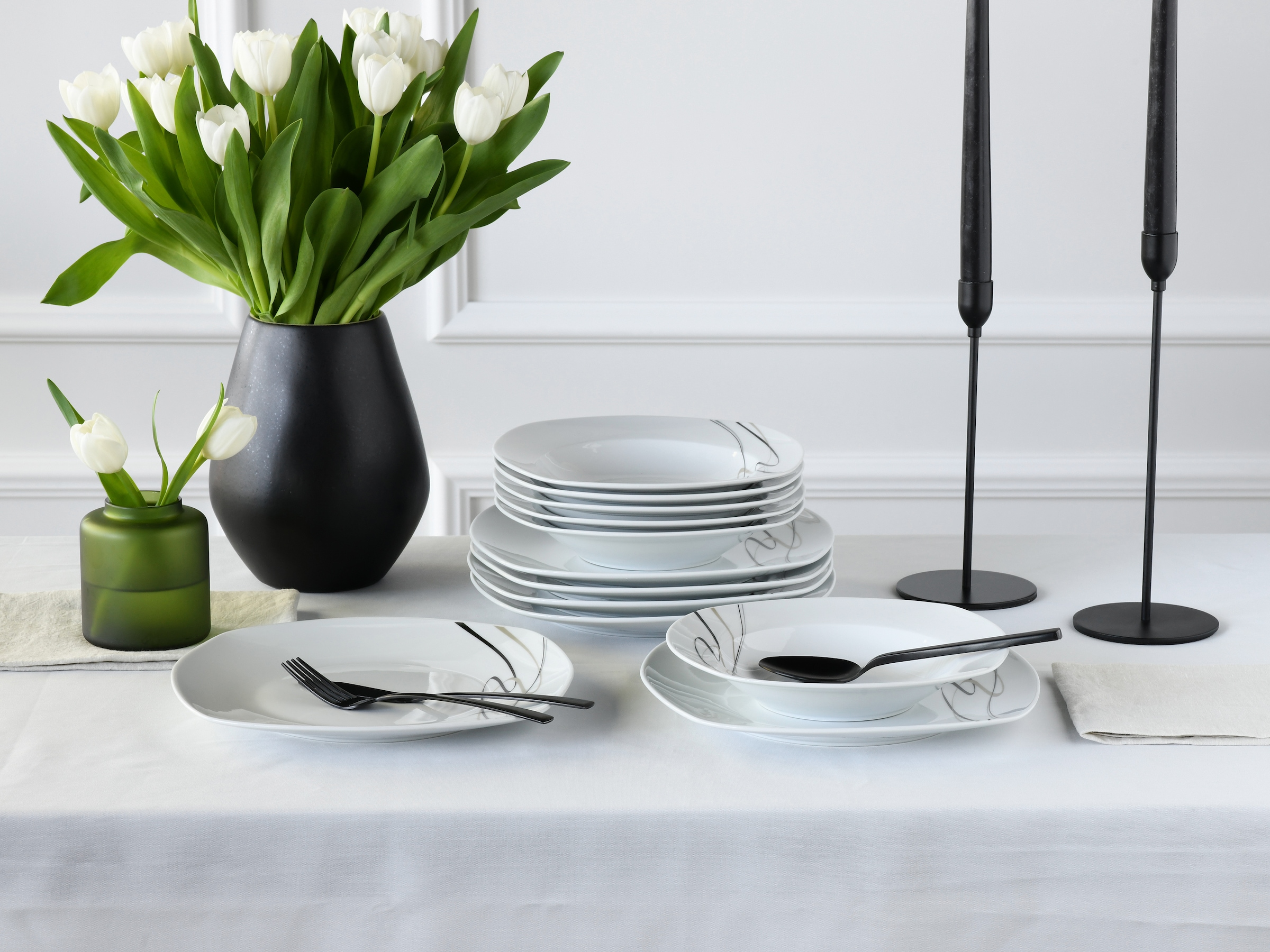 CreaTable Tafelservice »Amelie Piazza, Tafel-Service 12-tlg« Teller Set, Elegant, Schwungvoller Liniendekor