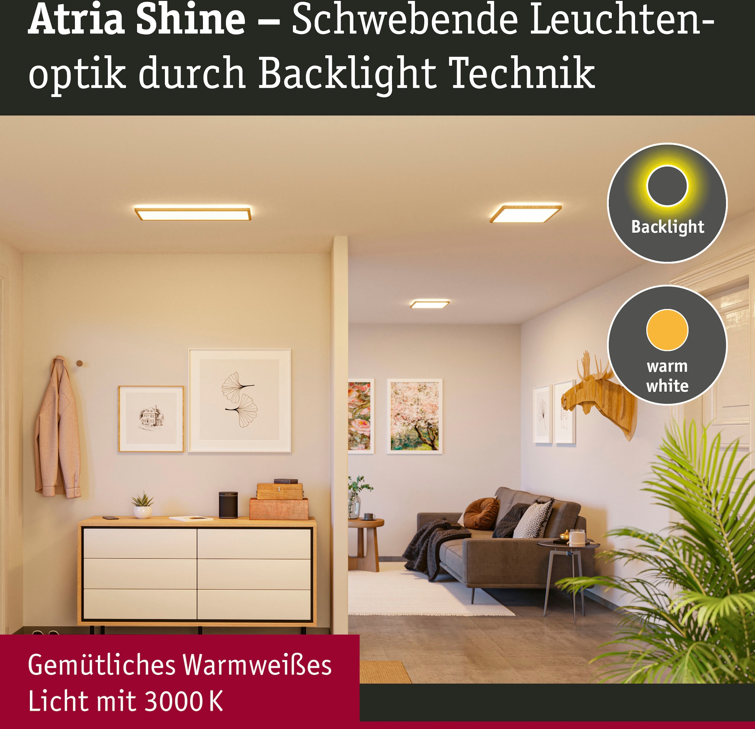 Paulmann LED Panel »Atria Shine 22W 3000K 580x200 Eiche Kunststoff IP44«, 1 flammig, Hintergrundbeleuchtung