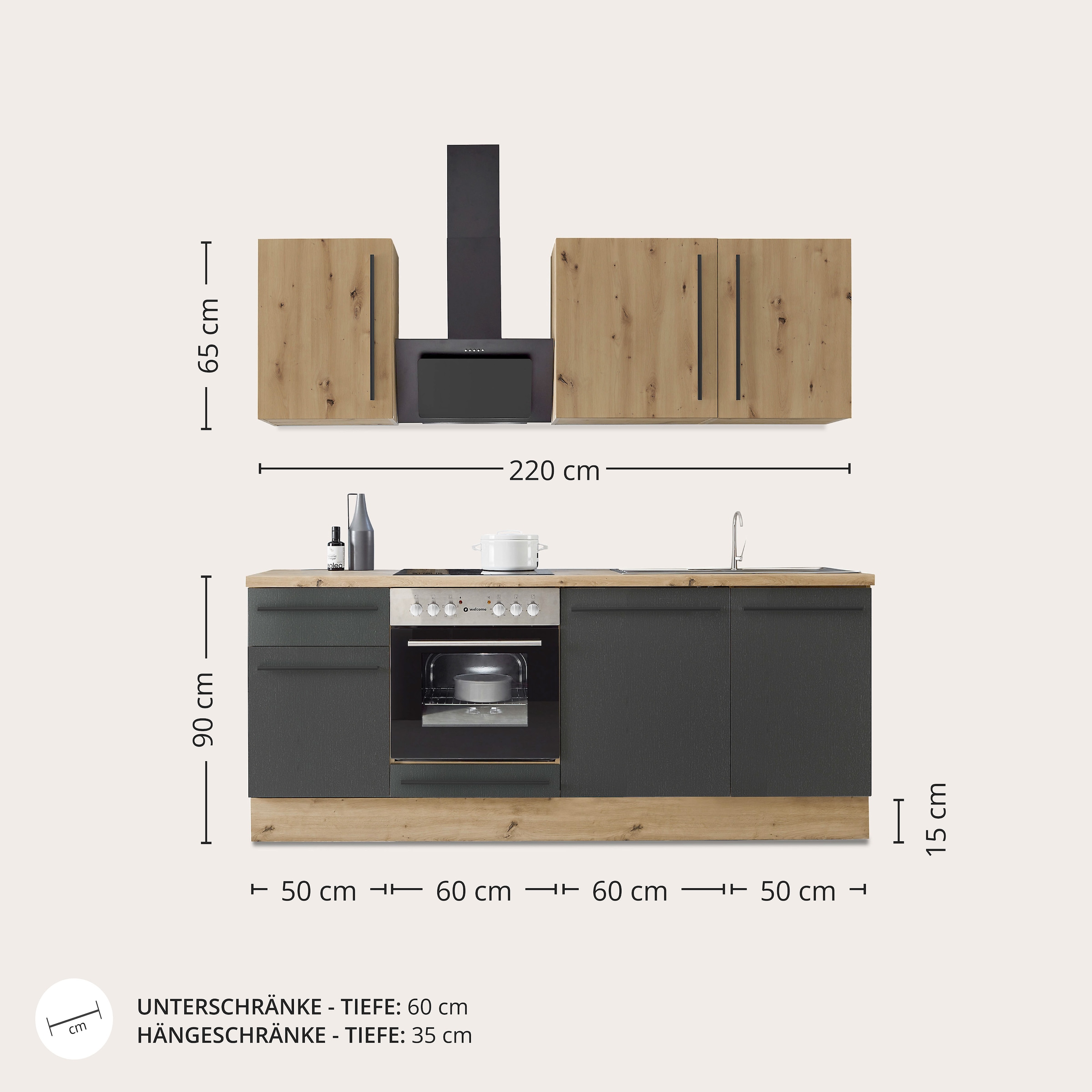 KOCHSTATION Küchenzeile »Florida mit 38mm starker Arbeitsplatte«, Breite 220 cm, wahlweise mit E-Geräten, Soft-Close-Funktion