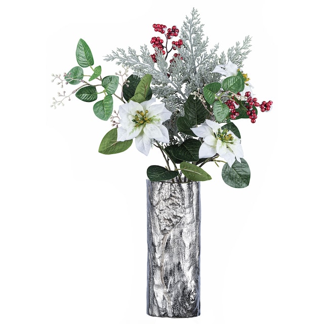 Creativ deco Dekovase »Weihnachtsdeko«, (Set, 2 St., 1 Vase, 1 Bouquet),  mit Poinsettien-Mix-Bouquet in beschneiter Optik bequem kaufen