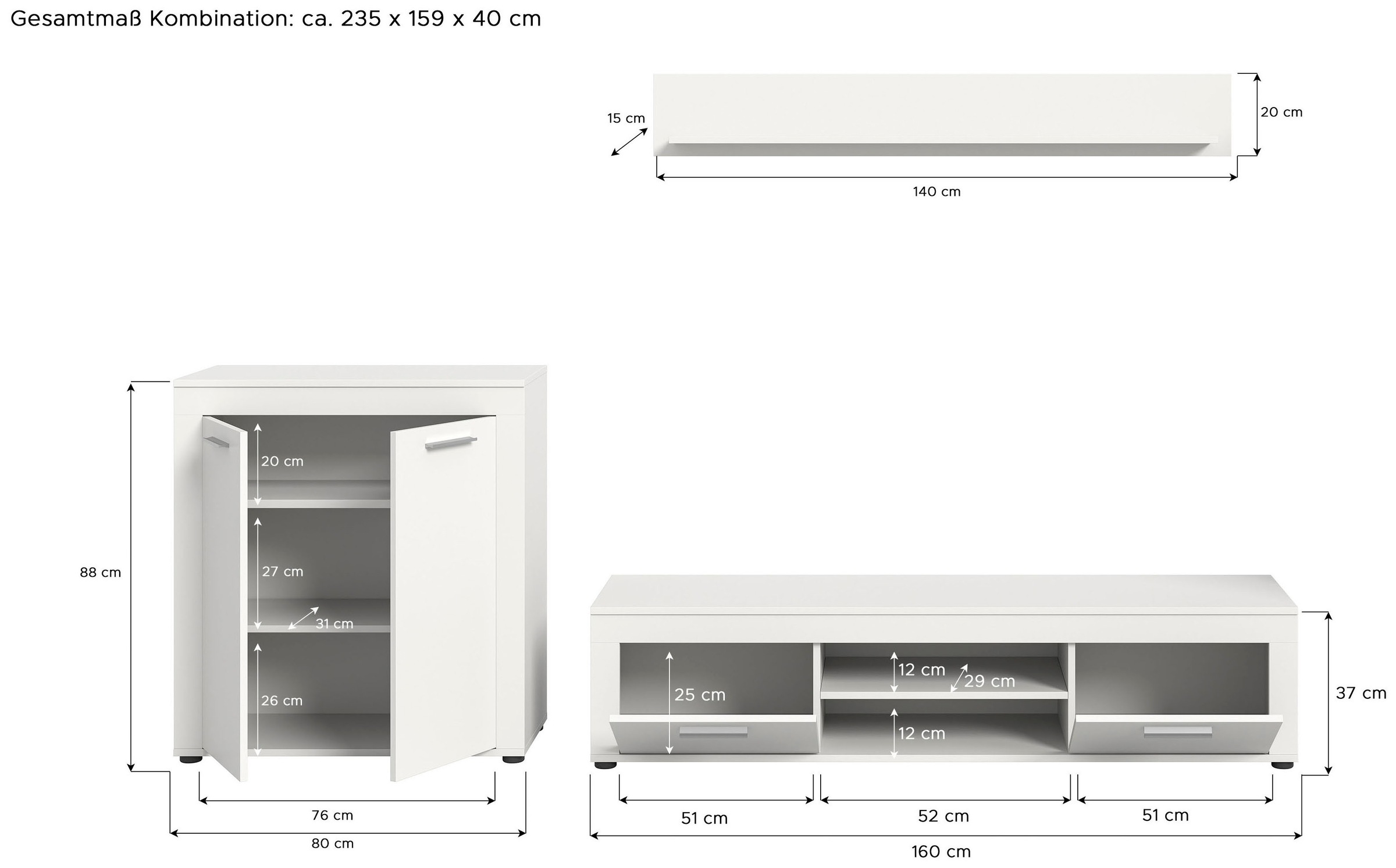 OTTO home Wohnwand »AOSTA, Breite 255cm, 3-teilige Wohn-Kombination« bestehend aus: Highboard, Lowboard, Wandboard, 3 Stk. tlg.