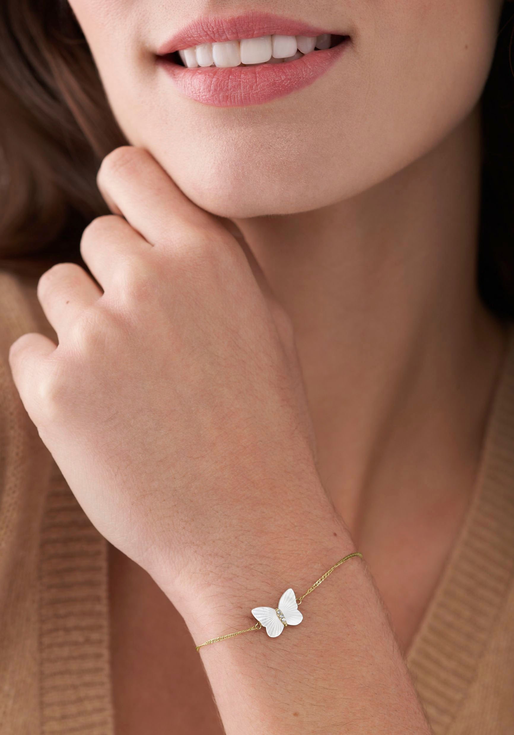 Fossil Armband »Schmuck Geschenk Edelstahl Armschmuck JEWELRY Schmetterling« mit Zirkonia (synth.) - mit Perlmutt