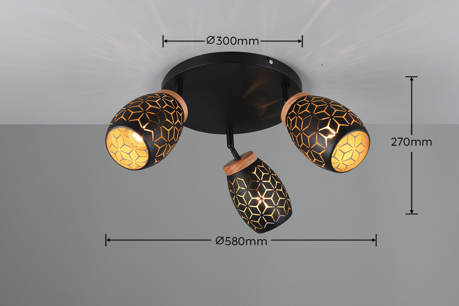 REALITY Leuchten Deckenleuchte »BIDAR, Deckenlampe mit 3 schwenkbaren Spots, exkl 3x E14 max 10W« E14 1 Stk. warmweiß - kaltweiß Metall-Lampenschirm mit Lasercut Muster und Holz-Dekoelement Ø 58cm