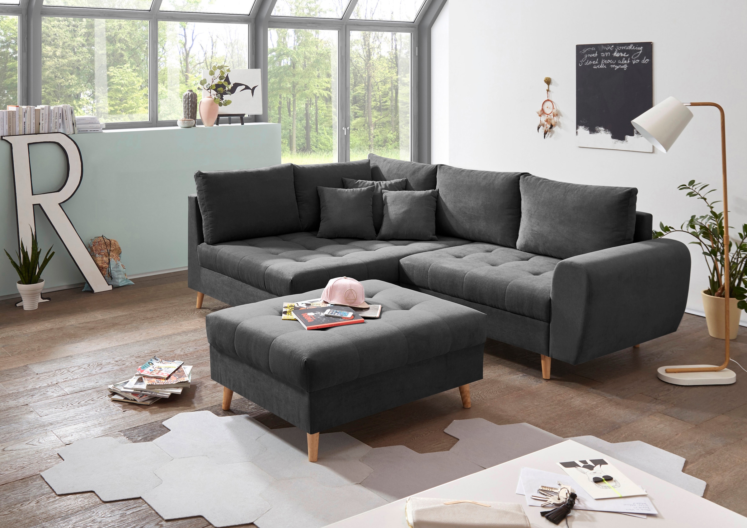 ED EXCITING DESIGN Ecksofa »Alice L-Form« mit Hocker & 3 Zierkissen