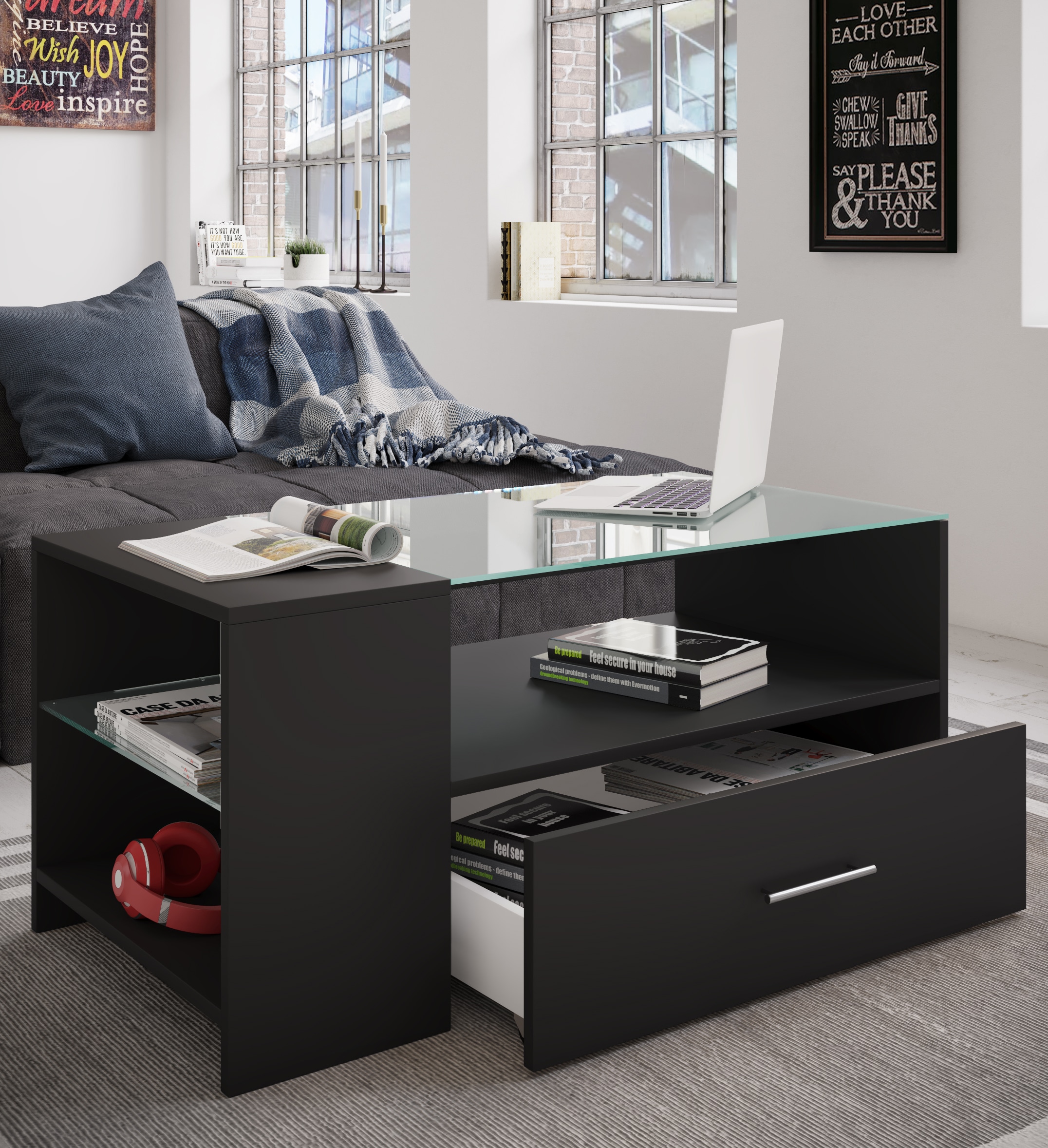 VCM Beistelltisch »Holz Sofatisch Couchtisch Schublade Glas Tindala«