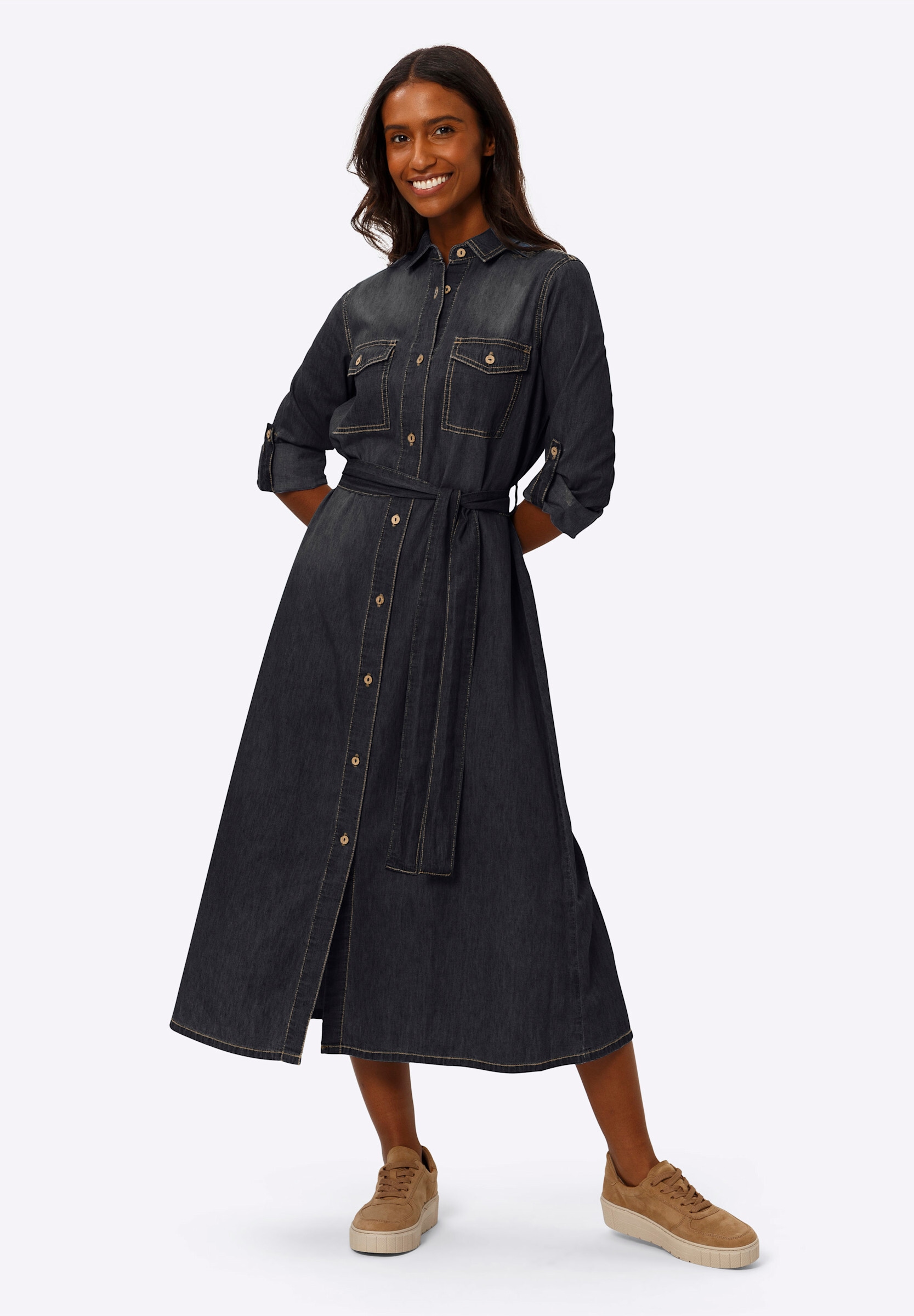 heine Hemdblusenkleid »Jeans-Kleid Hemdblusenkleid mit variabler Armlänge« Brusttasche
