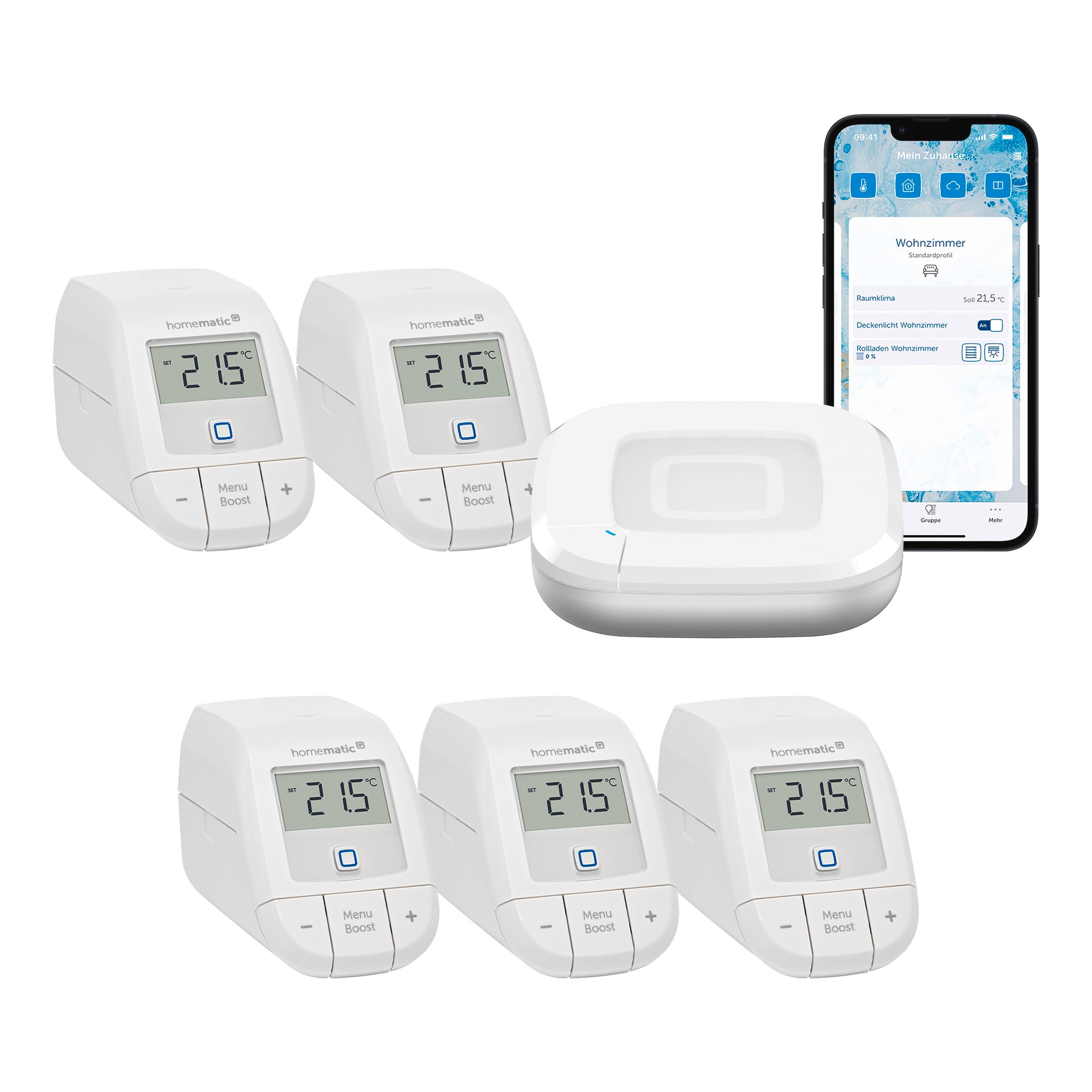Homematic IP, Heizkörperthermostat »Starter Bundle Heizen Basic für 5 Heizkörper«, Weiß, Kunststoff, Kompaktes Design für eine flexible Platzierung