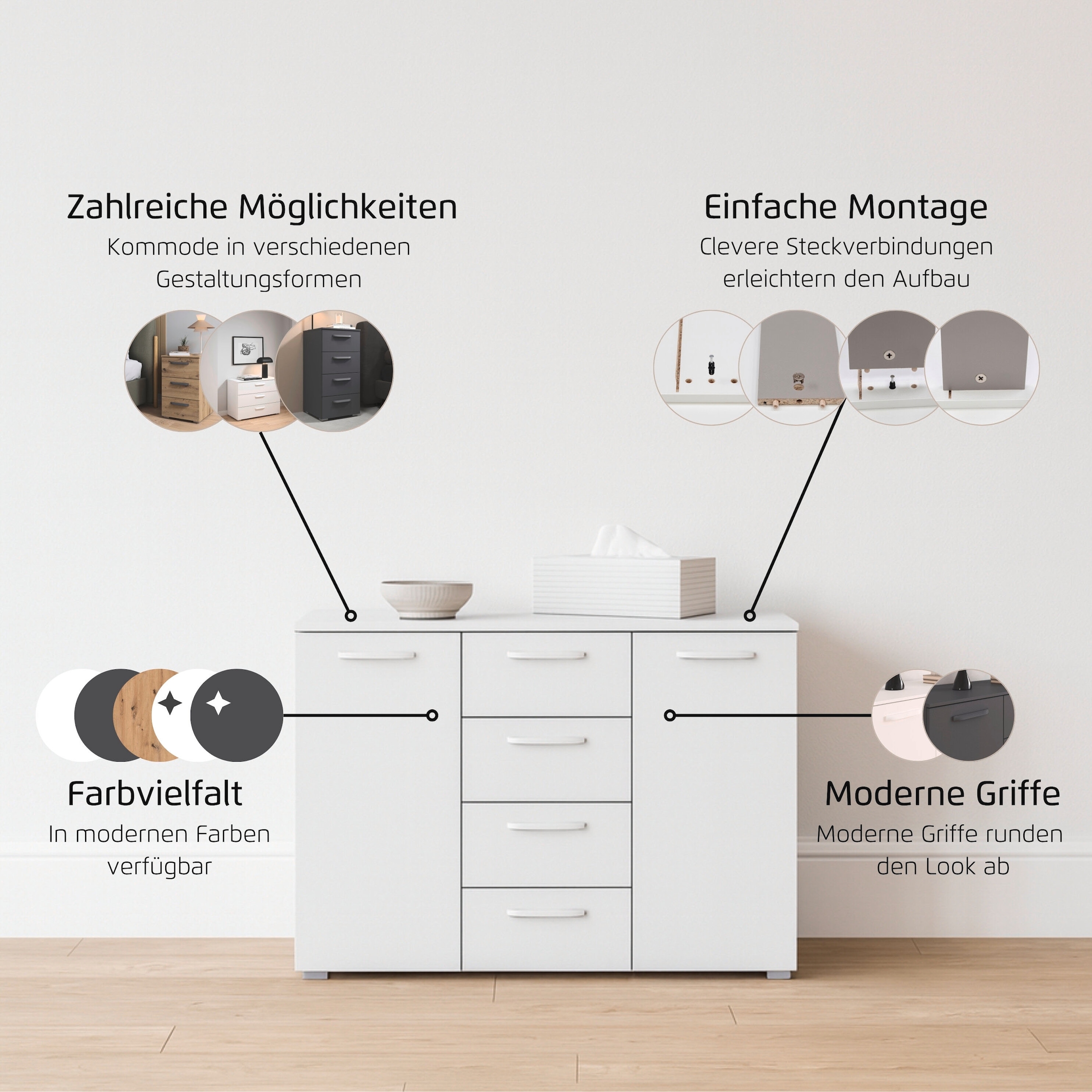 rauch Kombikommode »Sideboard Schubladenkommode OTELI mit Dekor- und Hochglanzfront« Breite 120 cm inkl. Soft-Close-Funktion,  vier große Schubladen und 2 Türen, mit 4 Einlegeböden MADE IN GERMANY