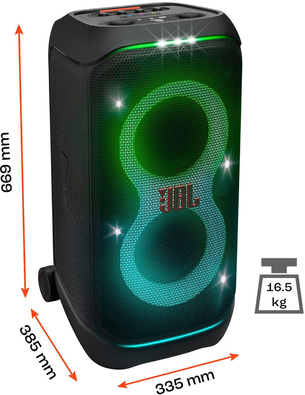 JBL Party-Lautsprecher »PartyBox Stage 320« Stereo (Bluetooth 240 W) 18h Akkulaufzeit, dynamische Lichtshow, Teleskopgriff, Auracast,