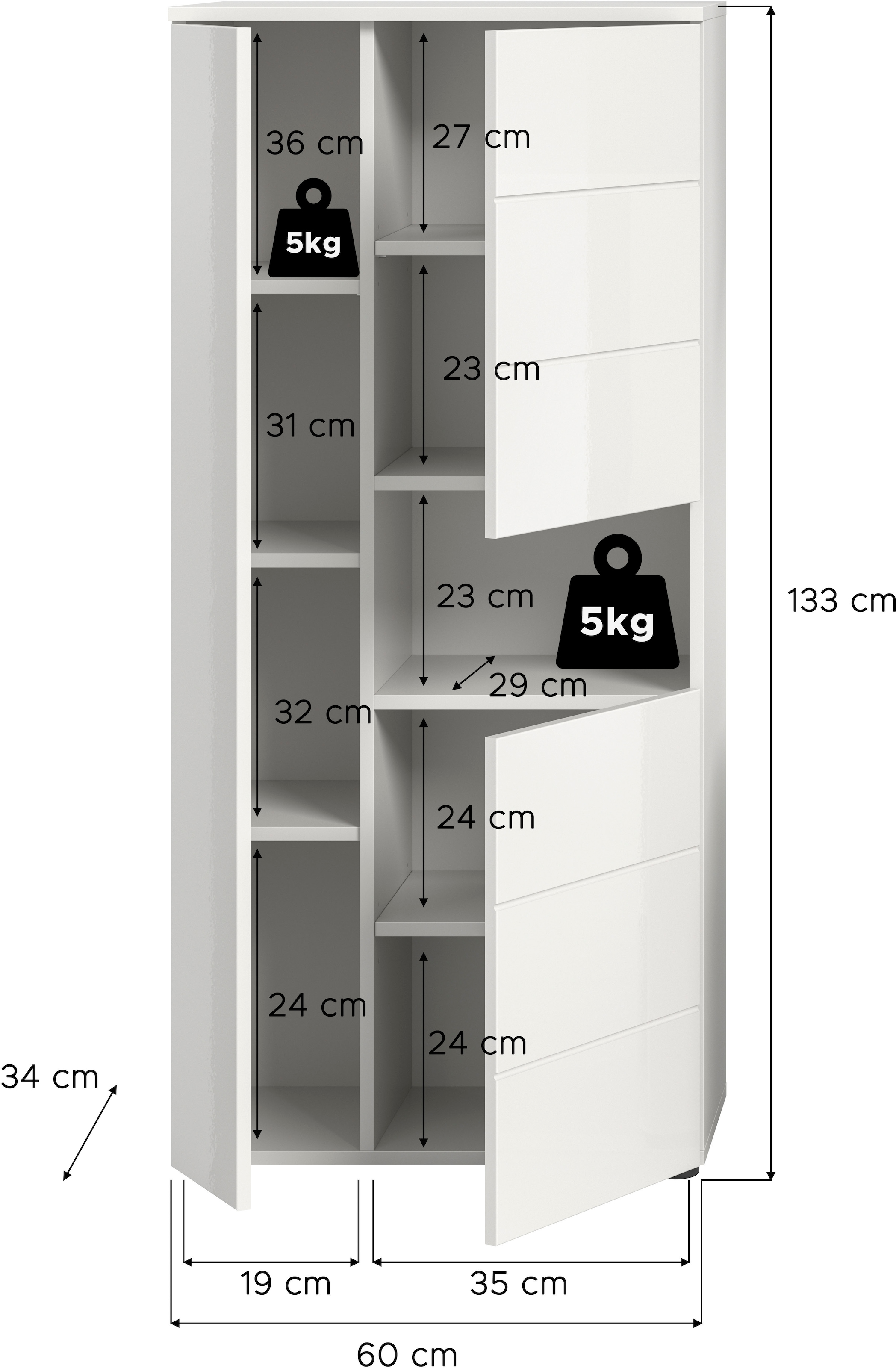 welltime Midischrank »Biel, Höhe 133 cm, 3 Türen, 1 offenes Fach« 1 Stk. tlg. Türanschlag wechselbar, modernes Design, Badschrank, Unterschrank, Bad