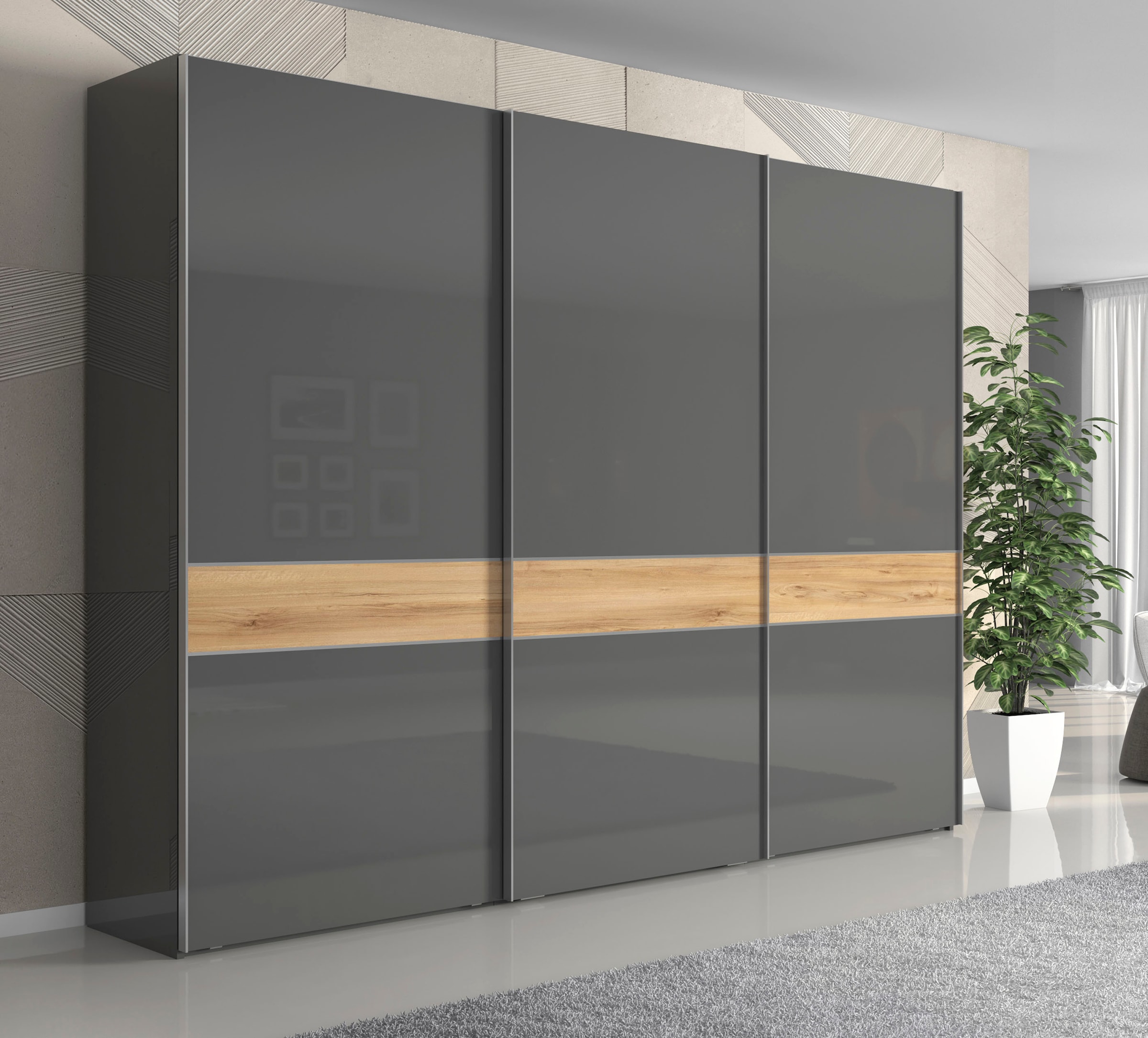 Places of Style Kleiderschrank »Onyx, Schwebetürenschrank inklusive Innenleben, FSC-zertifiziert«, (in 3 Breiten: 182, 230 oder 272cm, Höhe 224cm), UV lackiert, hochglänzend anthrazit, mit Soft-Close Funktion