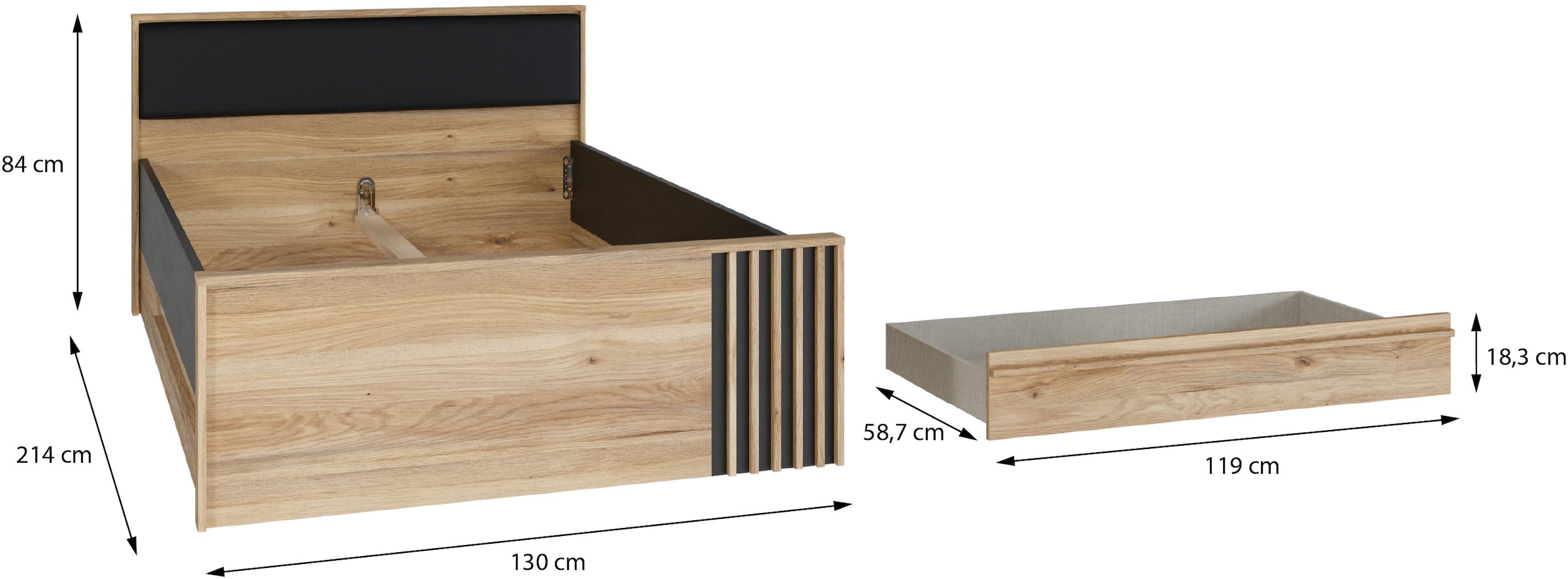 FORTE Bett »Bett mit Stauraum 2 SK, Kopfteil gepolstert« B/H/T 130/84/213 cm, in 2 Farben erhältlich