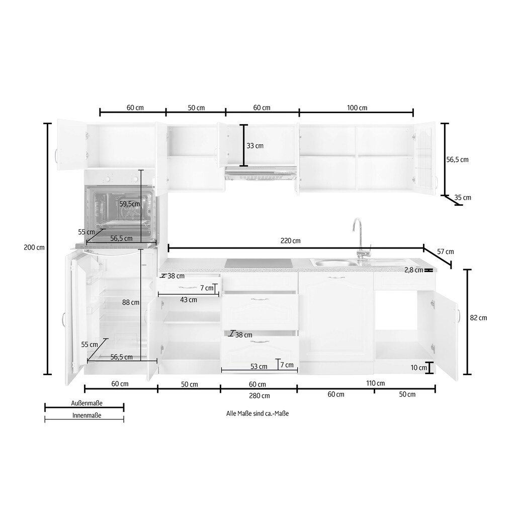 wiho Küchen Küchenzeile »Linz«, mit E-Geräten, Breite 280 cm