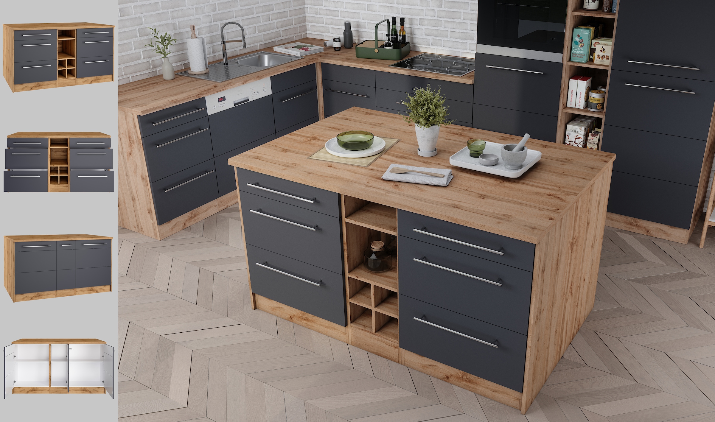 KOCHSTATION Kücheninsel »KS-Wien« Breite 153 cm, MDF-Fronten, Flaschenregal